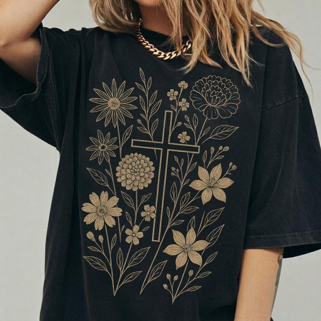 Christian Cross Shirt, Floral Faith Tee, Boho Jesus Shirt, Religious Gift for Women, Vintage Aesthetic Cross T-Shirt, Christian Easter Shirt
