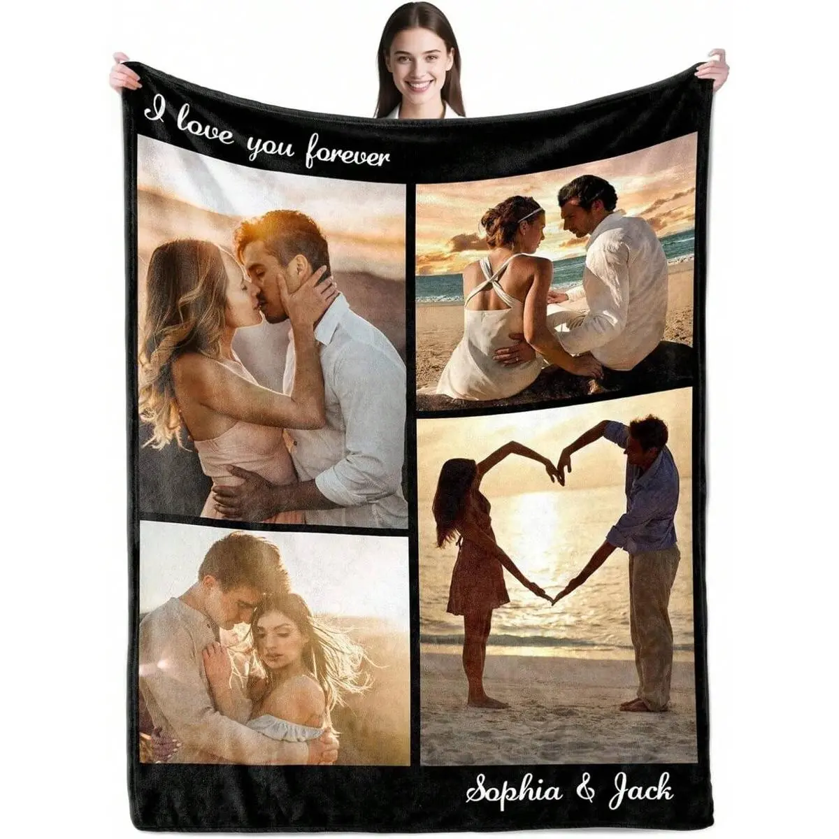 Personalized Sunset Beach Lover Collage Blanket, 4 Grid Love Photo With Custom Names And Quote Flannel Throw, Lightweight Air Conditioning Blanket, Engagement Wedding Gift For Couple, Romantic Keepsake Home Decor