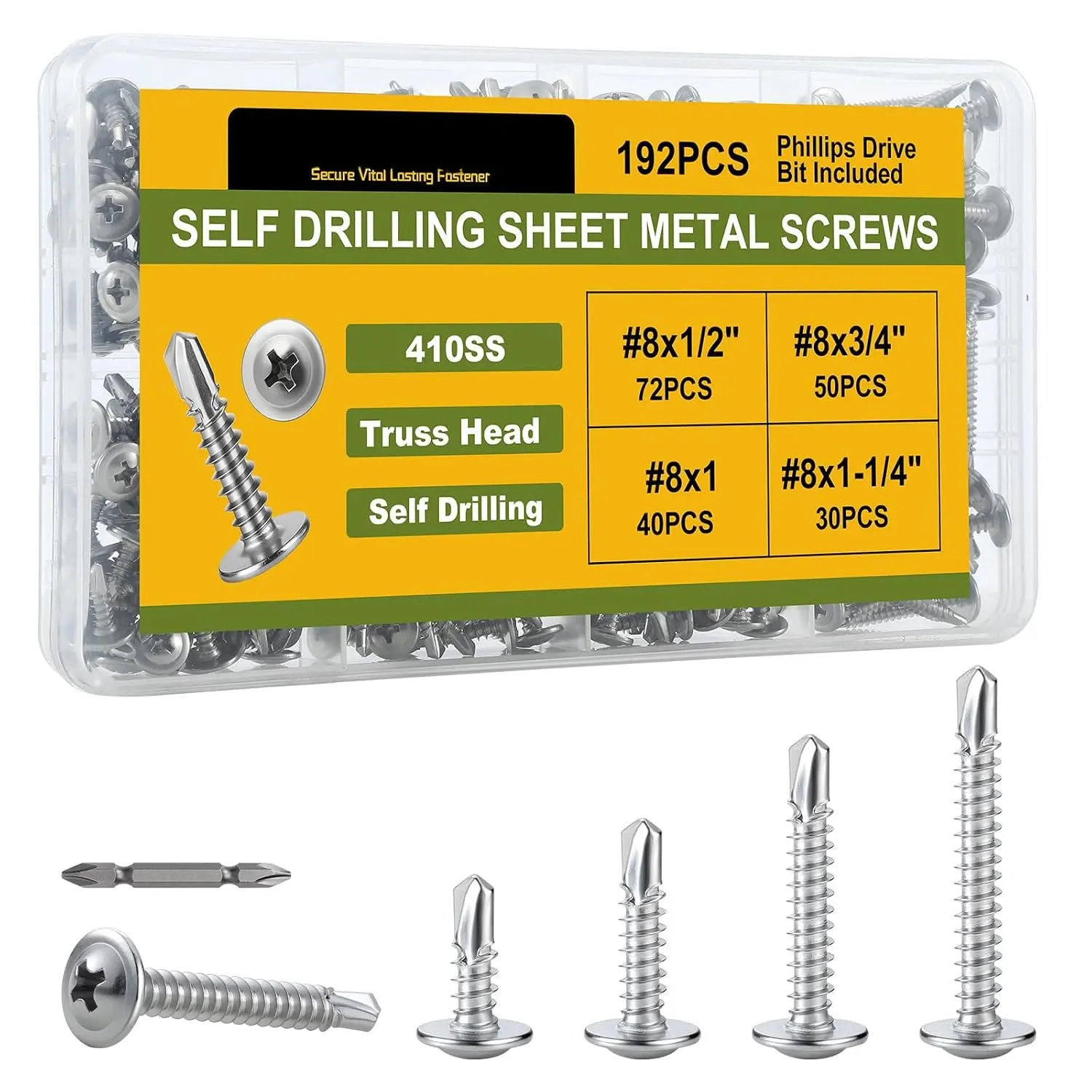 Self Tapping Screws  Kit 192 count,  Truss  Sheet Metal Screws #8 x 1/2",3/4",1",1-1/4", Stainless Steel 410 Self Drilling Screw for Metal  Plastic