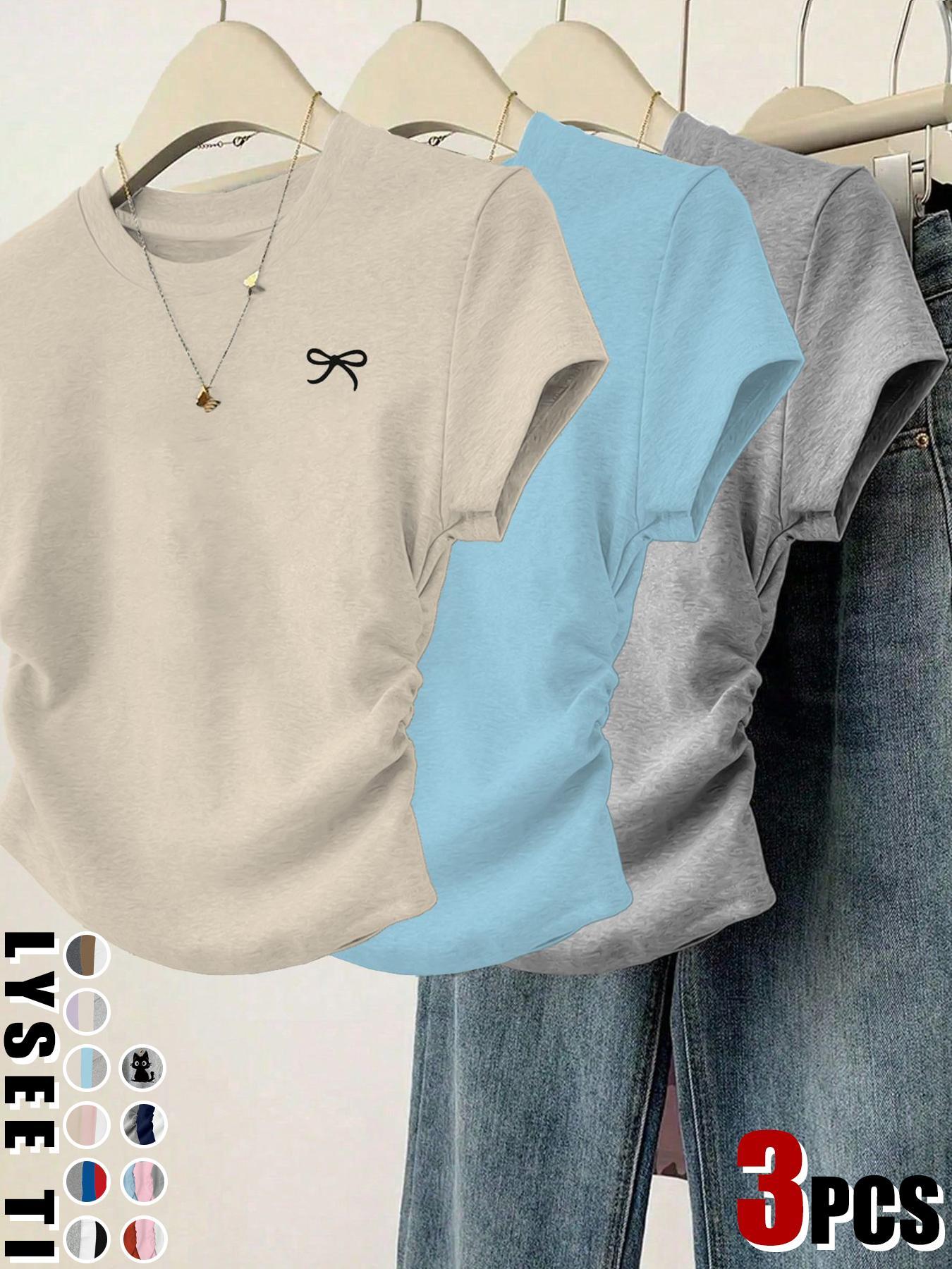 3pcs women's casual fashion slim fit small bow Butterfly print details simple solid color pleated pullover shirt women's round neck short sleeved three piece T-shirt