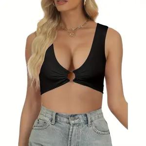 Crop Tops for Women Sexy Sleeveless Deep V Neck Cropped Tank Top Y2K Plunge Ring Cleavage Crop Top Going Out Tops