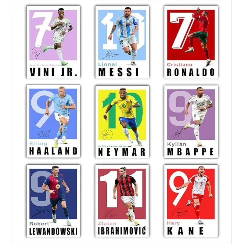 9pcs Famous Soccer Posters For Boys Bedroom, Soccer Wall Art, Wall Art Set, Decoration Items, Messi And Ronaldo Poster, Gift for Fan Football, Messi, Ronaldo, Neymar, Vini Jr, Mbappe Poster Unframed