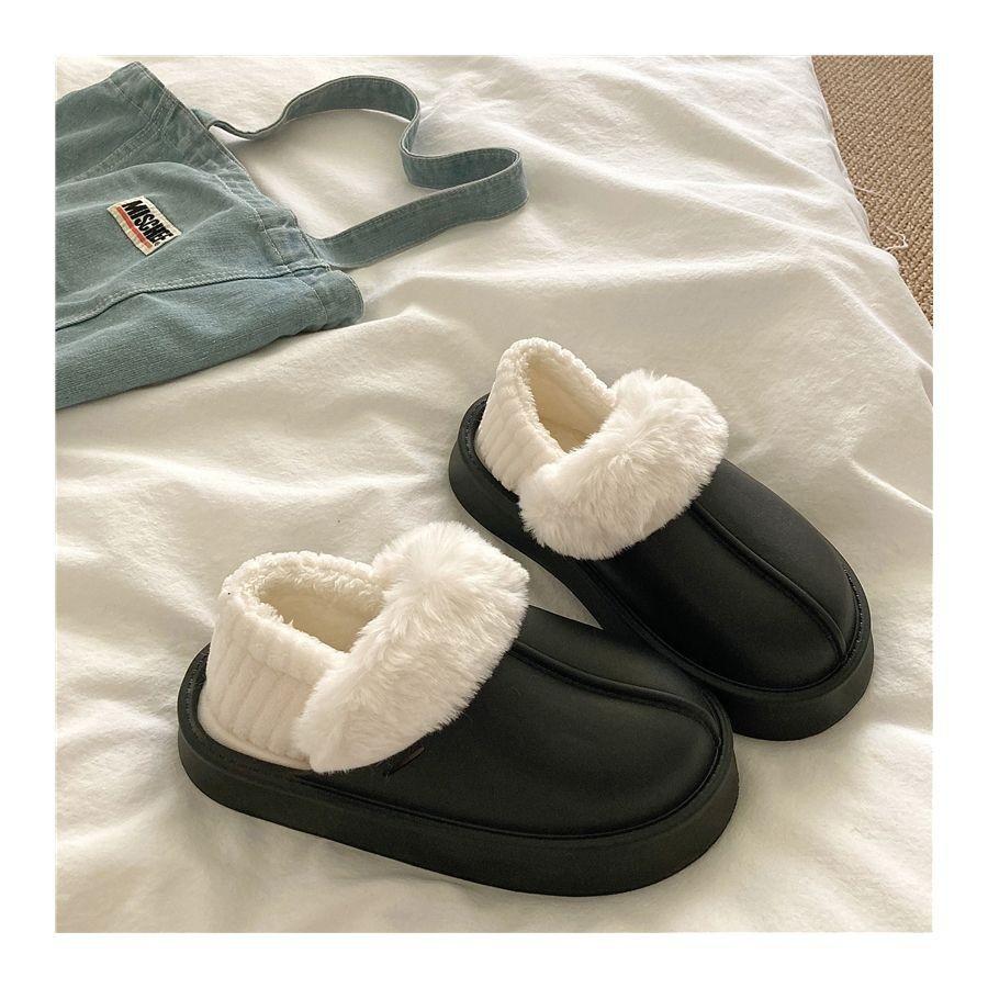 Crestar Winter Women Fuzzy Slippers New Outdoor Waterproof Cotton Shoes Warm Fluffy Home Slides Detachable Plush Cotton Slippers