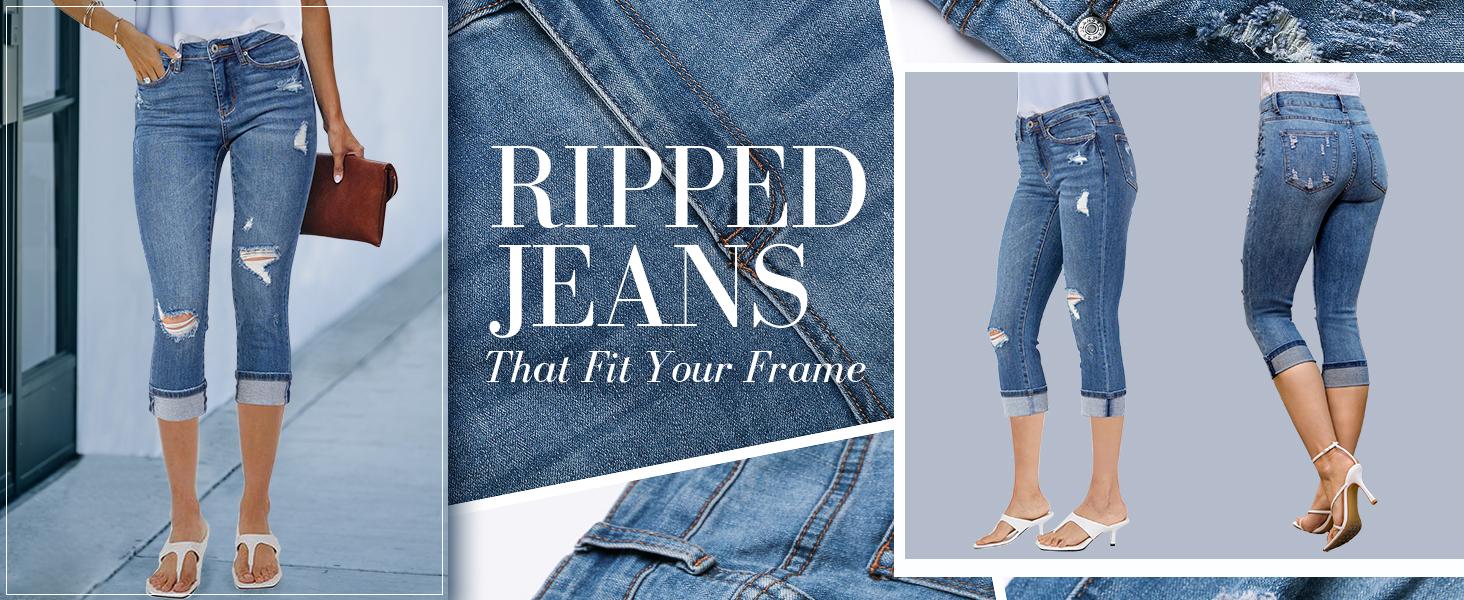 luvamia Denim Jeans for Women Stretch High Waisted Distressed Capris Ripped Skinny Cropped Pants Streetwear Bottom Pocket Womenswear Basic jeans for women