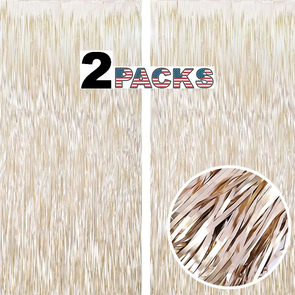 Champagne  Backdrop Curtains -6.5x9.8 , Pack of 2 |  Matte Foil Fringe Curtain Tinsel Streamers Backdrop with Non-Marking Tape for Birthday Bachelorette Party Decoration Photo Booth Props