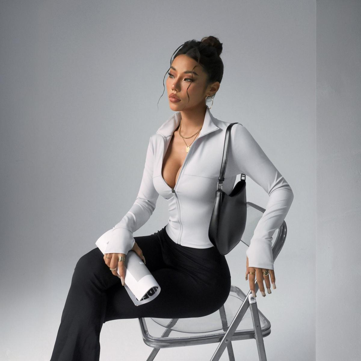 Stretch Navy Athletic Top |   Full Zip Cropped Jacket for Workout & Casual Wear Fitted Silhouette with Thumbholes