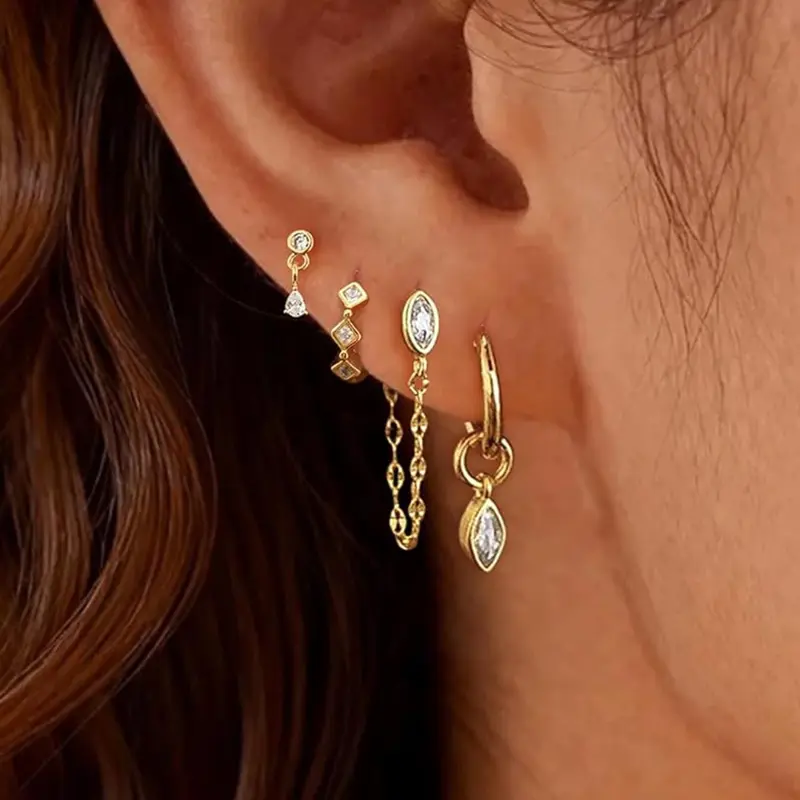 Dainty 14k Chain Earrings Set, Hypoallergenic Small Huggie Hoops, Trendy Dangle Drop Earrings for Women, Summer Prom Jewelry