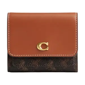 COACH Mila Flap Wallet for Men and Women – Horse-and-Carriage Print, Metallic Letter Detail, Faux Leather with Genuine Leather Trim, Black and Brown