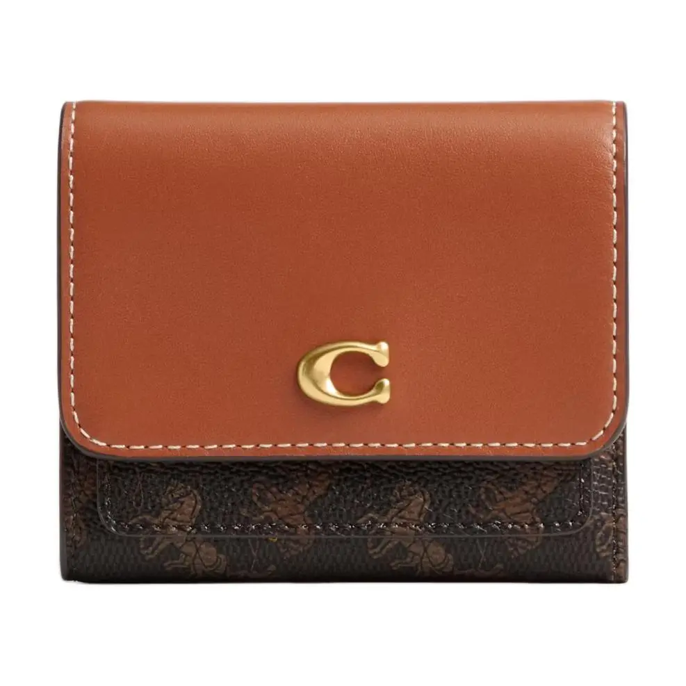 COACH Mila Flap Wallet for Men and Women – Horse-and-Carriage Print, Metallic Letter Detail, Faux Leather with Genuine Leather Trim, Black and Brown