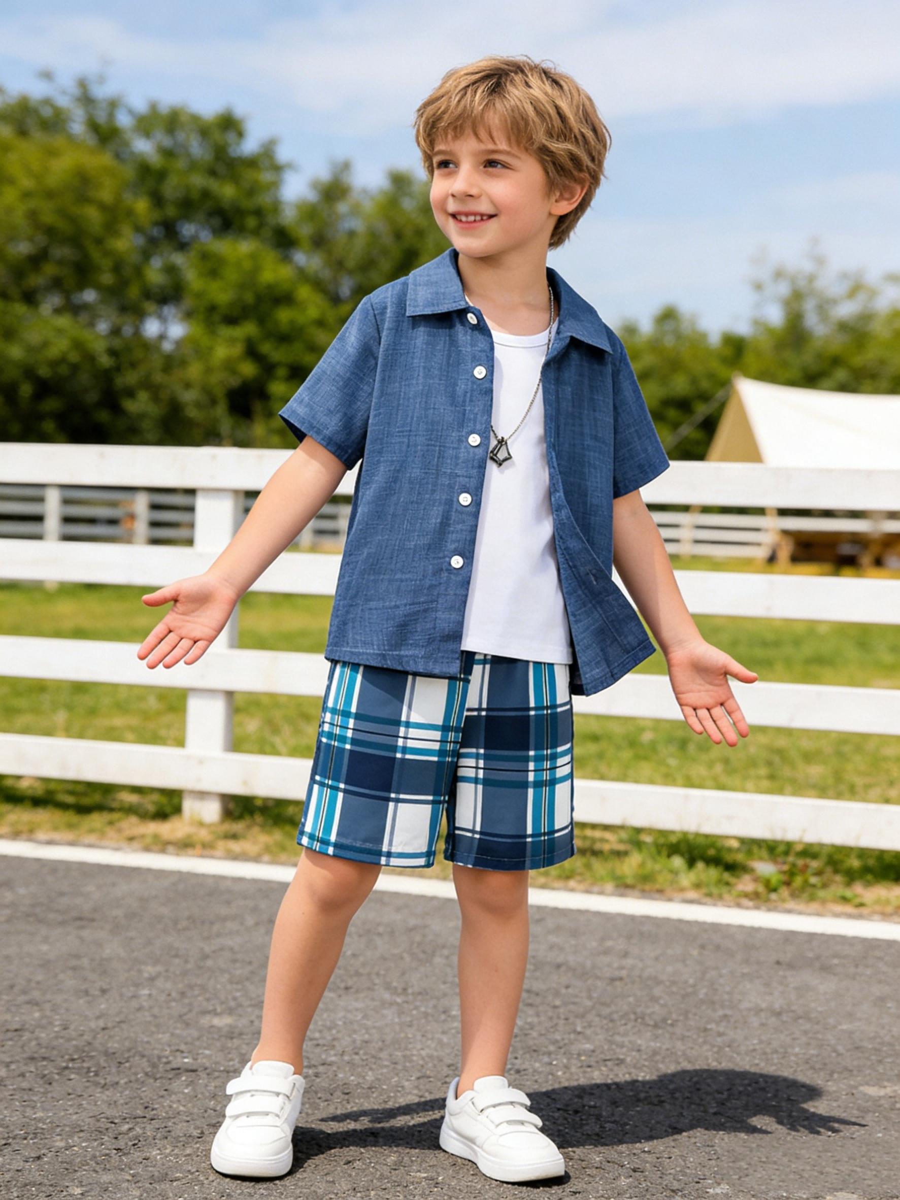 Randomly 1 Set, 2pcs, Boys' Shirt And Shorts Set, Featuring A Checkered And Striped Pattern with Printed Stitching, Fashionable And Trendy, Versatile, 3-12Y Teen Boy Clothing, Casual Wear, Outdoor Sports, Easter Giftr, Polyester, Perfect for Outdoor