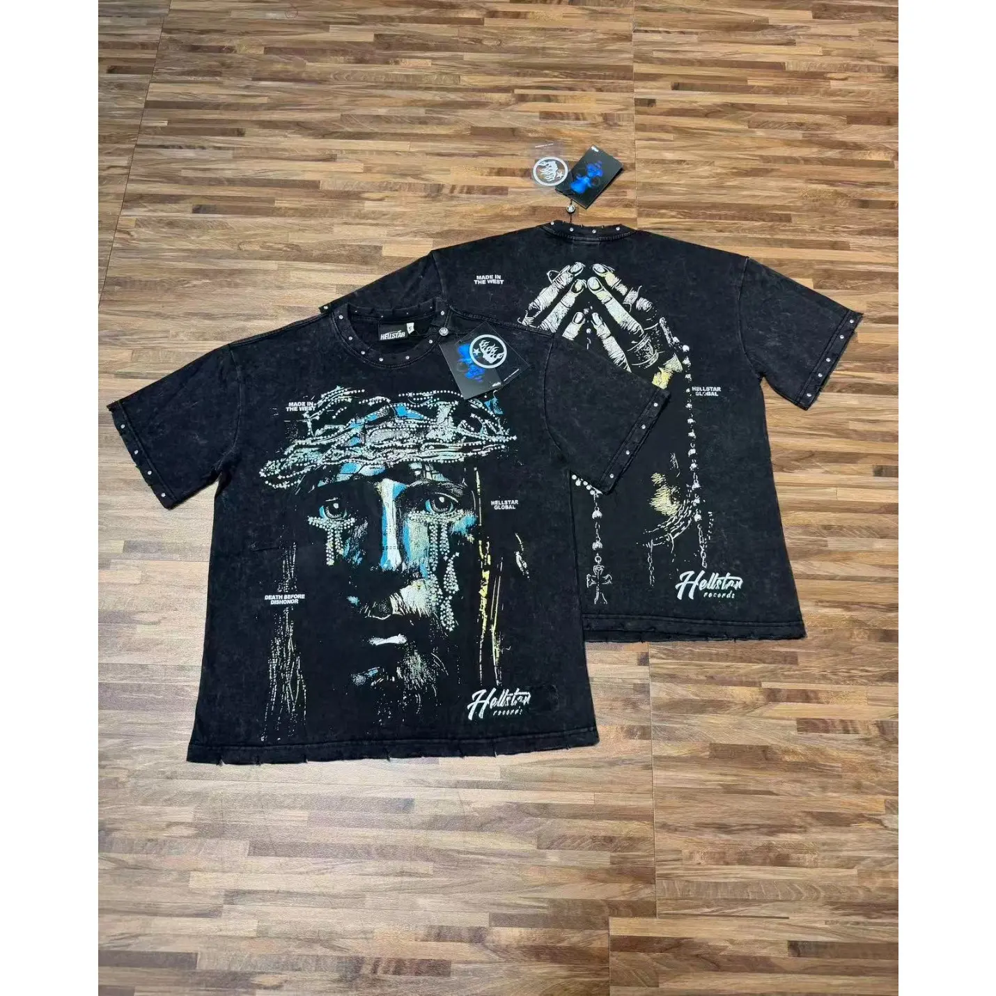 Men Women Oversized Summer Casual Short Sleeve Round Neck Vintage Acid Washed Ripped Rivet Distressed Hellstar Graphic Tee Shirt, Trendy Gothic Skull Motorcycle Racing Jesus Sports Retro Streetwear Fashion Design, Breathable Thick Soft Cotton