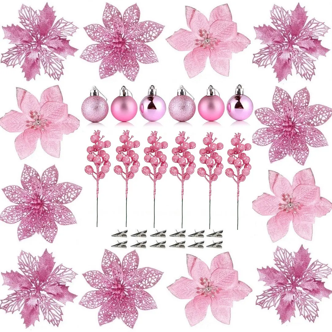 24-Piece Christmas Flower Decoration Set, Holiday Ornaments, Shiny Berry Stems, Silver Color Clips, Home & Tree Decorations