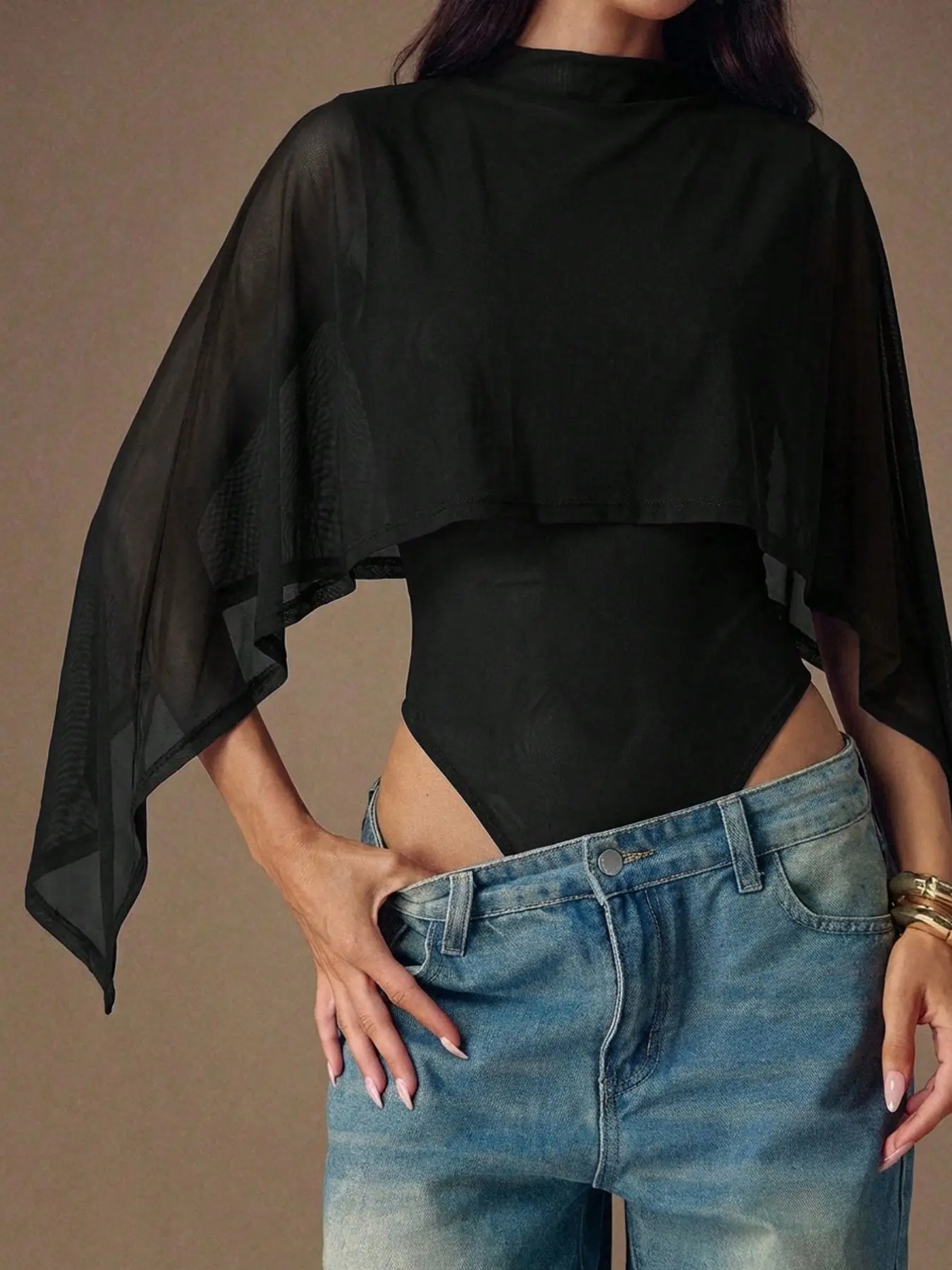 Summer Mock Neck Sheer Mesh Cape Cover Up Top, Solid Black Two Piece Matching Bodysuit And Flowy Cape Layered Outfit For Daily Street Layering Shopping Coffee Shop Casual Errands City Leisure Matching Outfits For Young Women