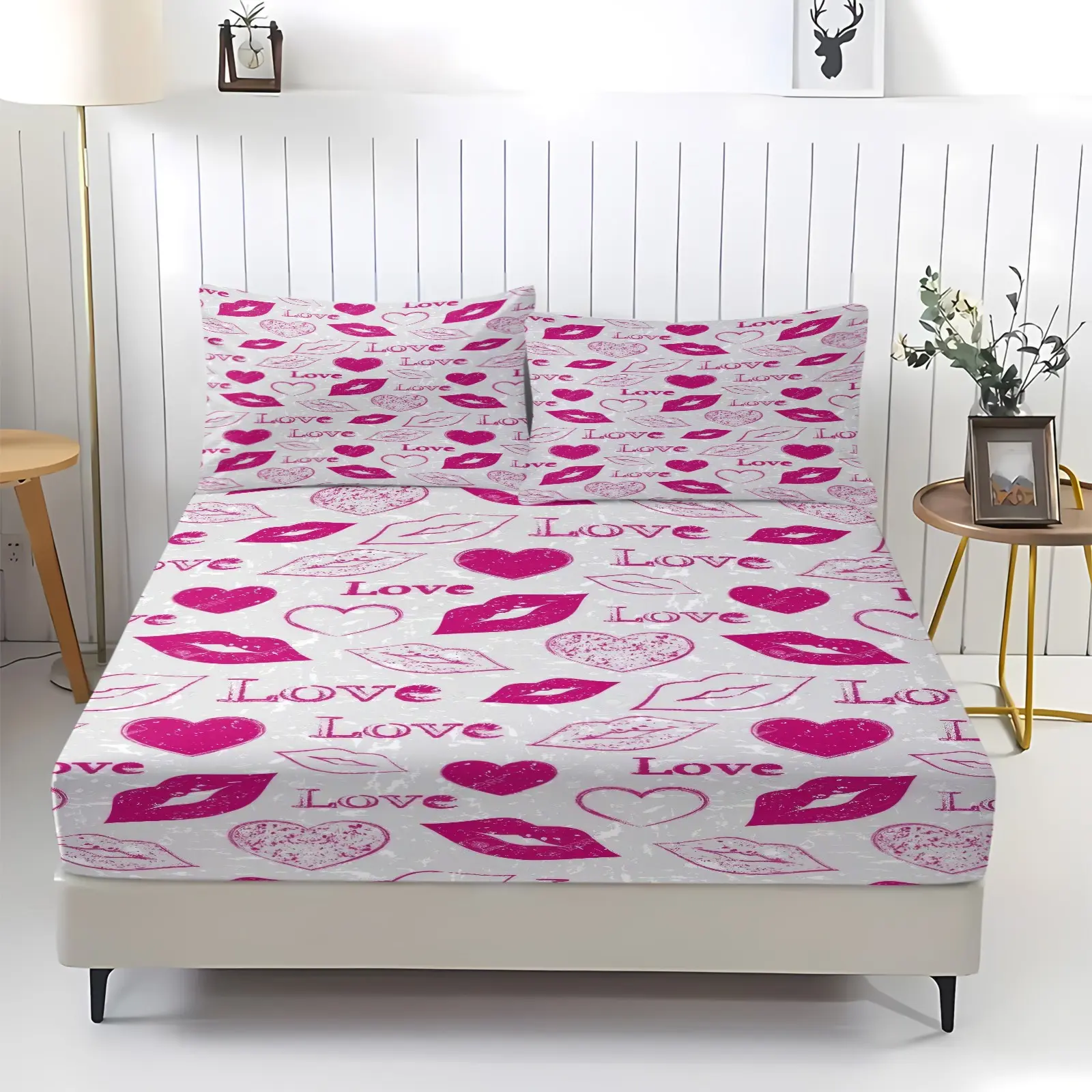 Romantic Pink Love Heart Lips Print Fitted Sheet Set, 1 Fitted Sheet & 2 Pillowcase No Filling Bedding Set, Soft Deep Pocket Bed Sheets Set, Bedroom Dorm Decor, Sweet Gift For Girls Couples Valentine Home Decor