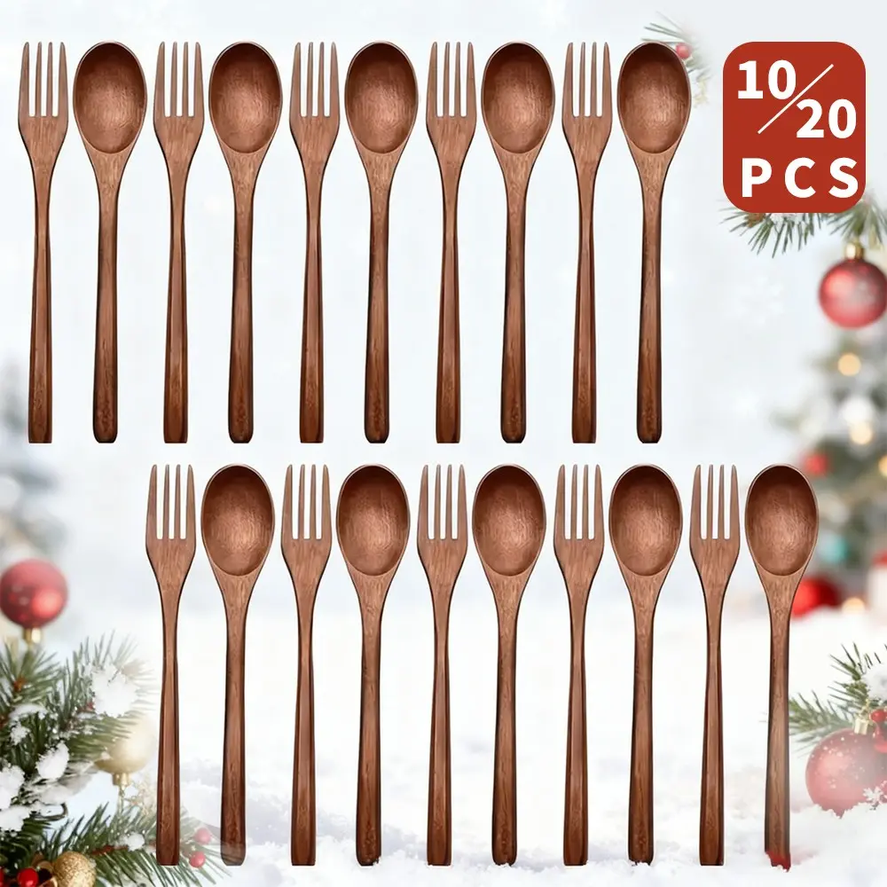 Japanese Wooden Spoons and Forks Set, Reusable Eco-Friendly Natural Wood Cutlery, Handmade Cooking, Stirring & Eating Utensils, 10/20 Pieces