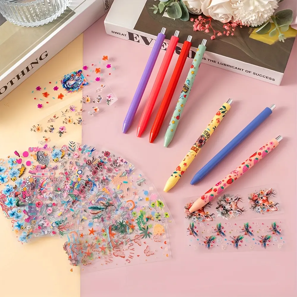 24pcs/48pcs Mix Various Styles UV DTF Pen Wraps and Macaron Color Plastic Pen Sets, Contains 12pcs stickers and 12pcs pens or 24pcs stickers and 24pcs pens, Suitable for Office Supplies, Party Gifts