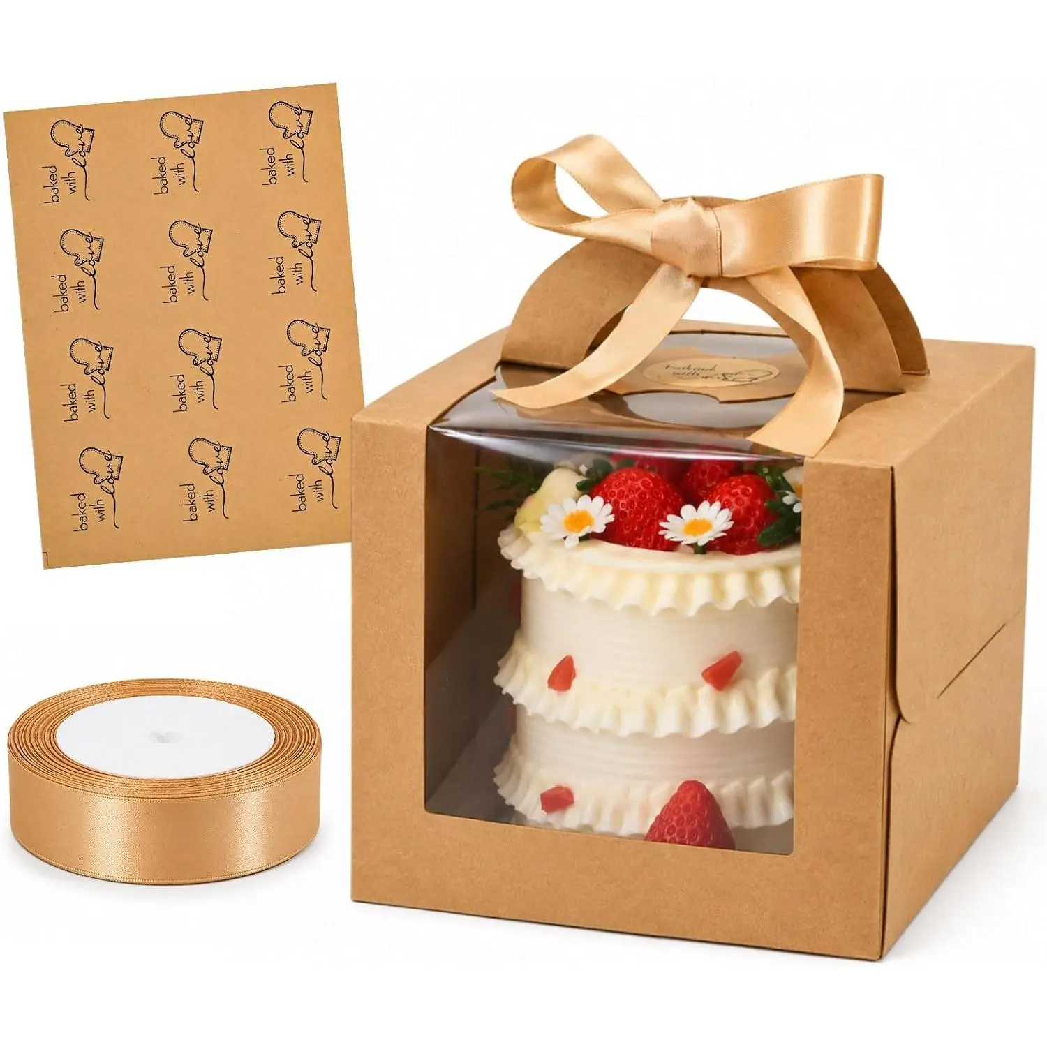 12 Set Brown 6x6x6 Inches Cake Boxes with Boards-(12 Boxes with Handles & 12 Borads & 70ft Silk Ribbon and 12 count Stickers)