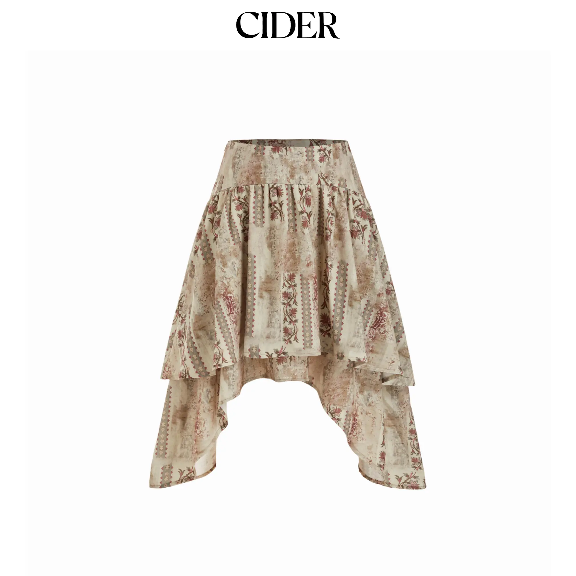 Cider Floral Ruffled Asymmetrical Hem Flared Midi Skirt