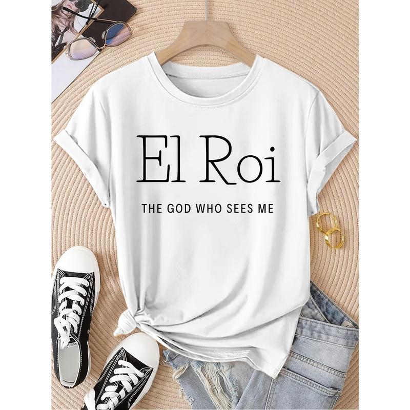 Women's Retro Casual Everyday Tee - Short Sleeve Crew Neck, Faith-Themed El Roi God Sees Me Text Print, Soft Cotton, Foldable, Breathable, Fitted All Seasons T-Shirt