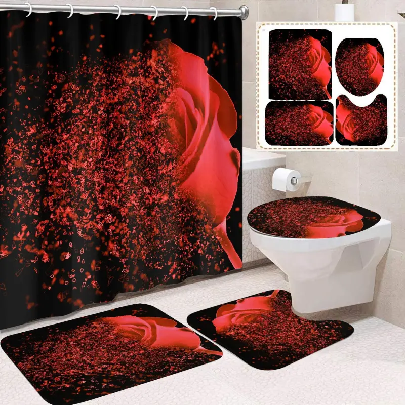 4Pcs Romantic Rose Shower Curtain Set with Non Slip Bath Mat Toilet Lid Cover, Black Background Floral Swan Butterfly Print Waterproof Fabric Bathroom Decor Shower Curtain with Free Hooks