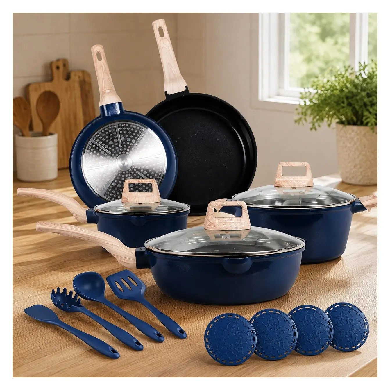 16Pcs Titanium Pots and Pans Set, Toxic-Free Cookware Set, Dishwasher & Oven Safe, Induction Compatible with Bakelite Wood Grain Handle, Compact and DurableGift