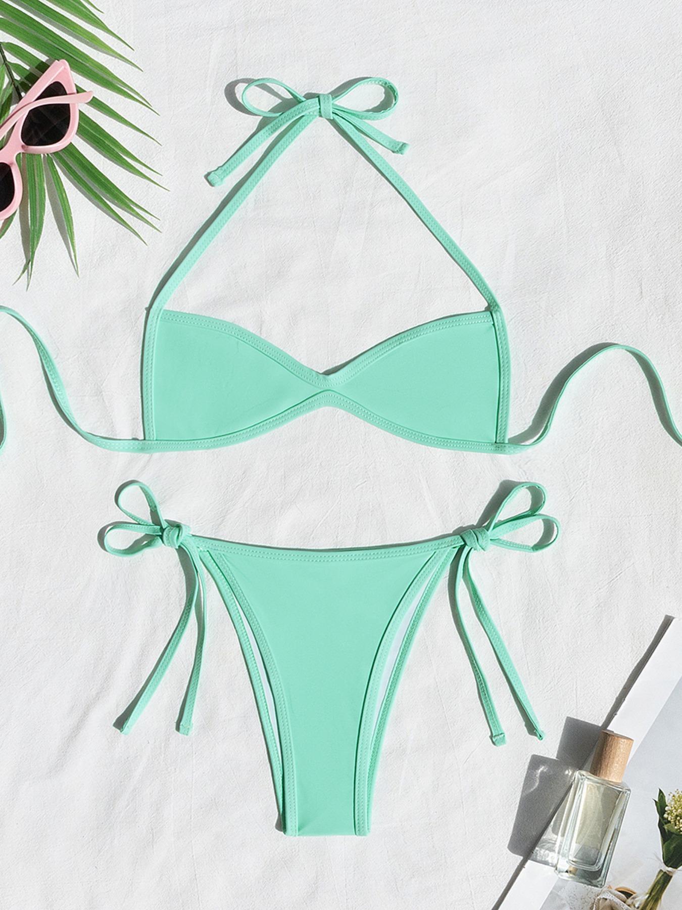 Women's Two-piece Plain or Colorblock Bikinis Set for Summer, Halter Tie-Back Bikini Top & Tie-Side High-Cut Bikini Bottom, Ladies Summer Swimwear for Beach Holiday