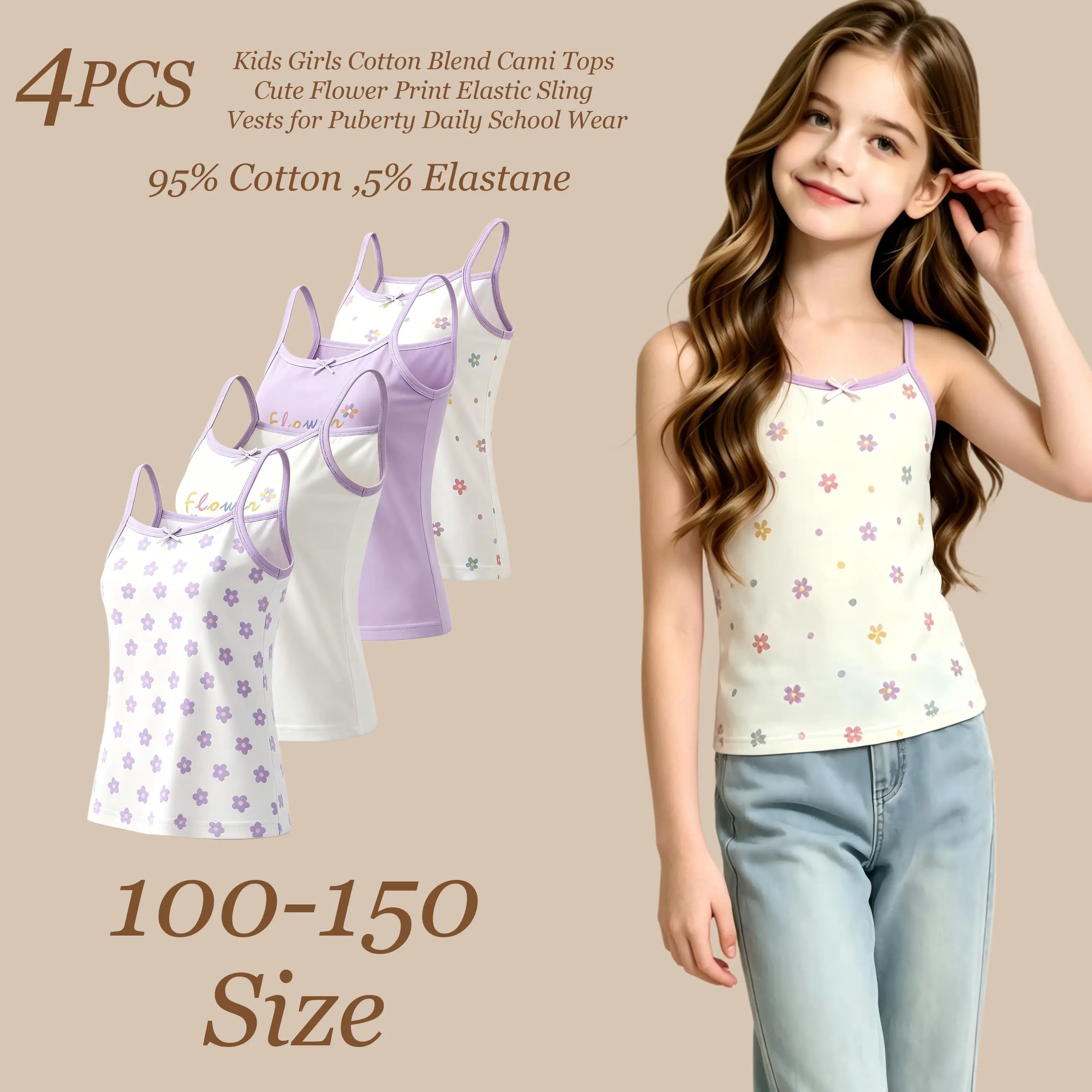 Girls' 4-Pack Soft Cotton Cami Tank Tops - Round Neck, Floral Print, Bow Detail, Sleeveless, Medium Stretch, Summer Basic Undershirts for Daily Use & Fashion Look