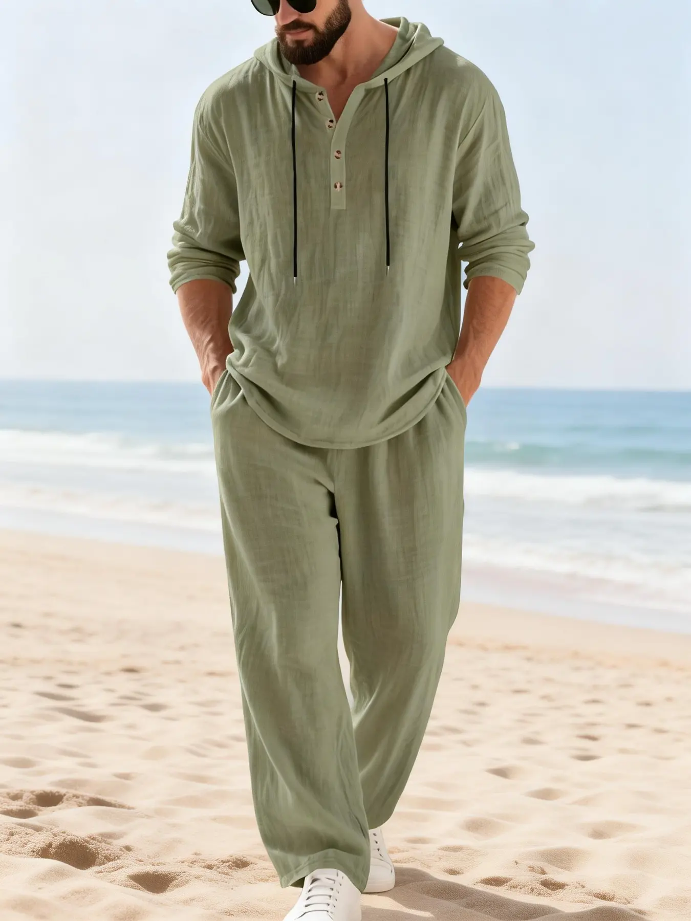 Men's Trendy Linen Hooded Two-Piece Set, Casual Vacation Style, Loose Fit Breathable Fabric, Long Hoodie & Wide-Leg Pants, Spring & Fall Wear