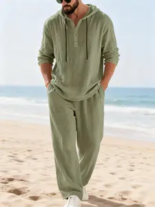 Men's Trendy Linen Hooded Two-Piece Set, Casual Vacation Style, Loose Fit Breathable Fabric, Long Hoodie & Wide-Leg Pants, Spring & Fall Wear