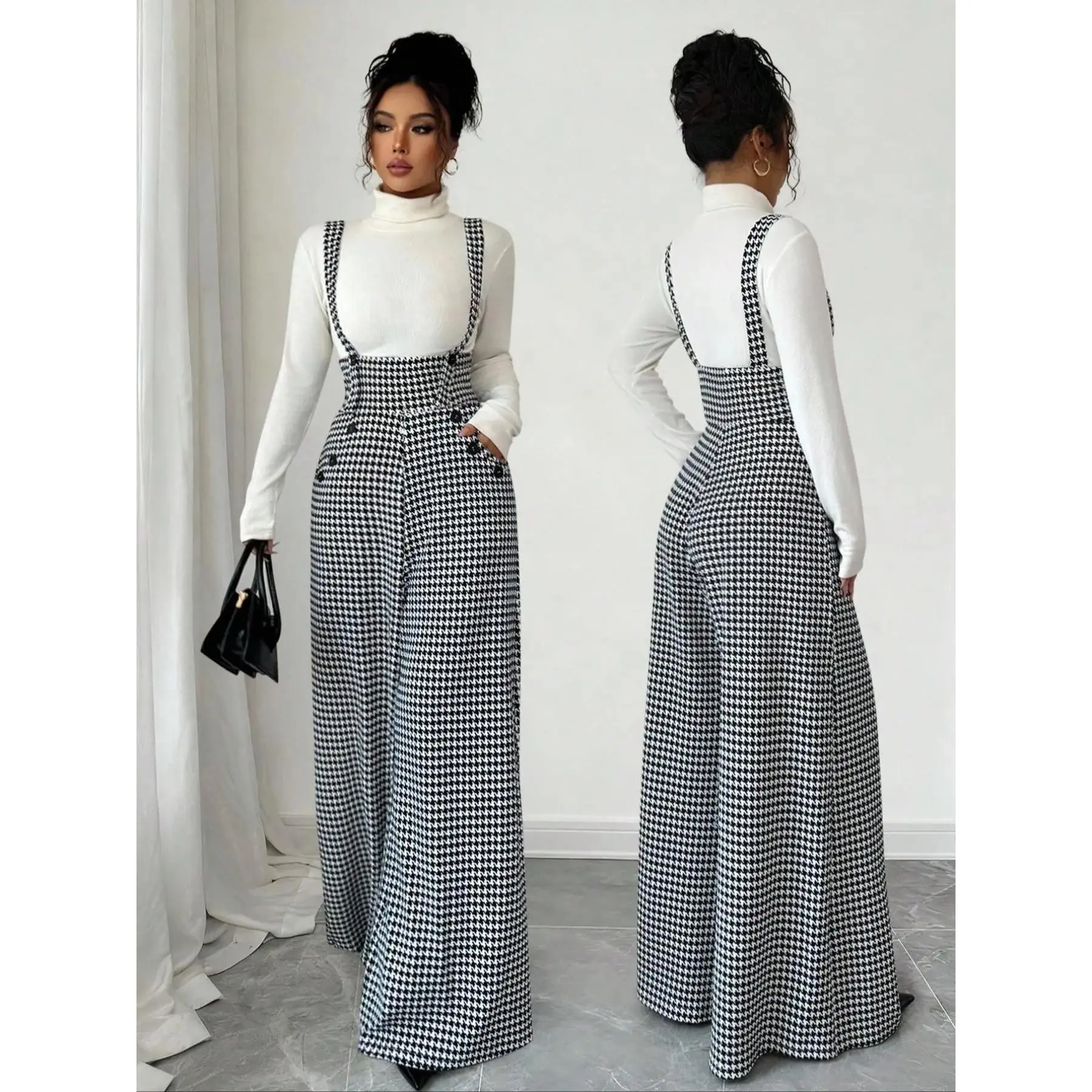 Women's Knitted Houndstooth Plaid Print Belted Pants, Button, Elegant Fall/Winter Fashion, Long Pants with Front Zipper and Pockets, Casual Commuter Wear, Womenswear