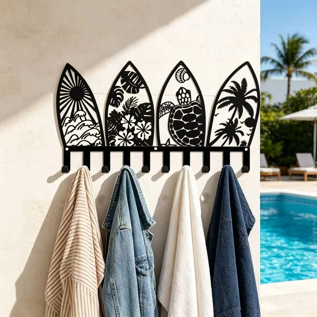 Pool Towel Rack with 10 Hooks, Wall-Mounted Towel Holder Organizer, Pool Accessories, Outdoor Bathrobe, Towel, Jacket, Swimwear, Bag, Key Storage Rack