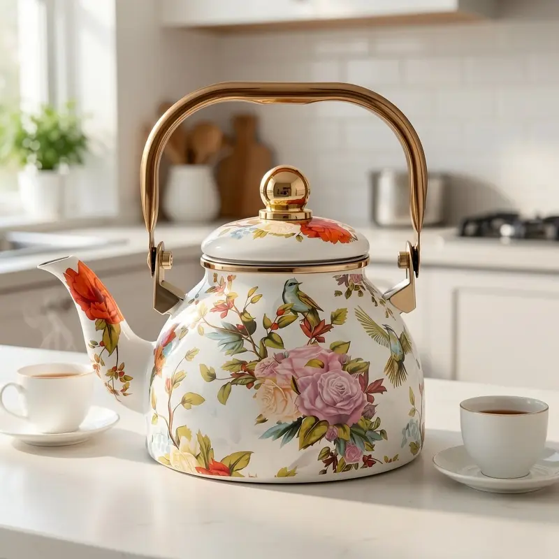 1 Set New Thickened Enamel 40.58oz Teapot with Floral Bird Design, Gift Teapot, Large Round Base Teapot, Kettle for Boiling Water, Cold Water, Tea, Milk Tea, with Strainer, Compatible with Induction Cooker and Gas Stove, Suitable for Home, Restaurant