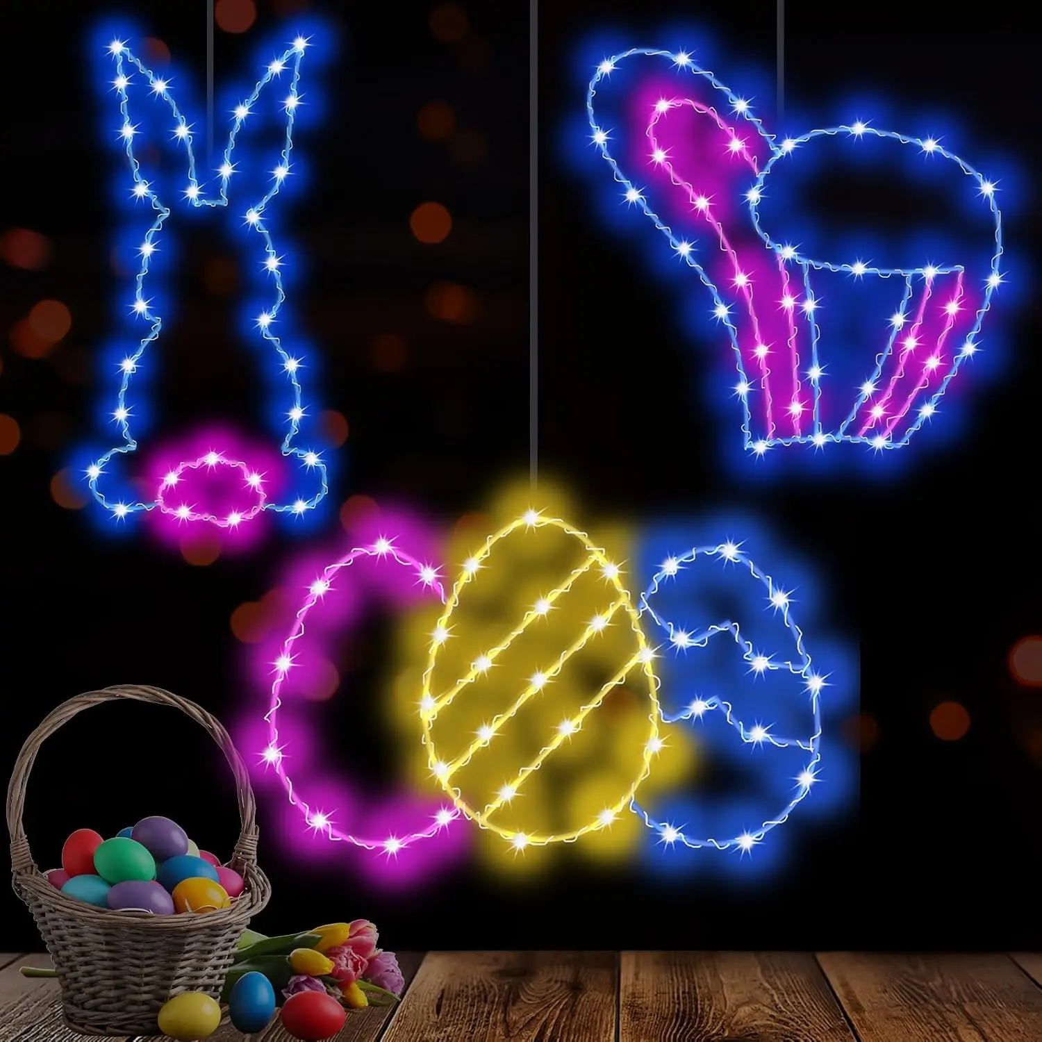 3 Packs Easter Decoration Lights,  Easter Light  Operated with Timer & Remote, 62 LED Easter Bunny & Eggs  Window Lights - Indoor/Outdoor Decor