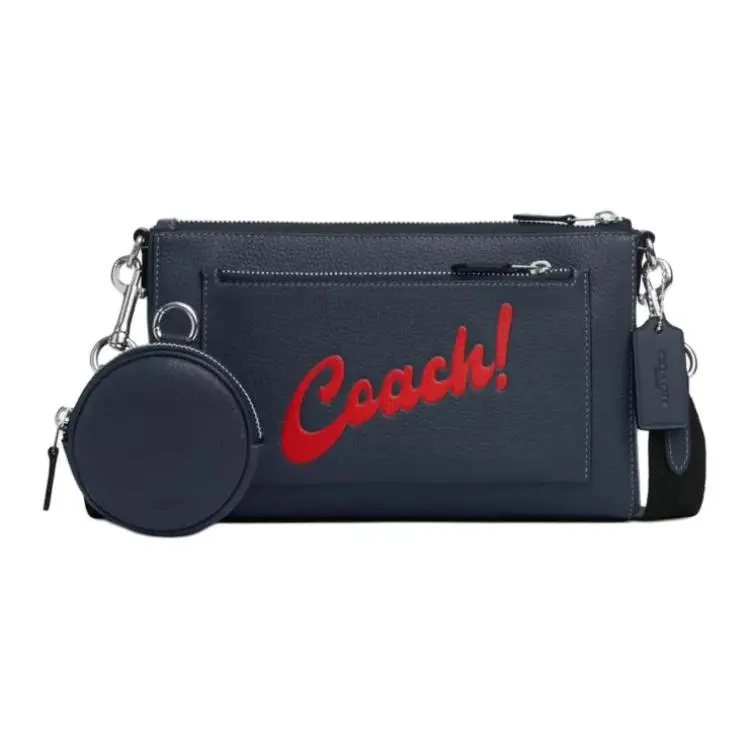 COACH Holden 25 Logo Zip Crossbody Bag for Men – Pebbled and Smooth Calfskin in Denim Blue