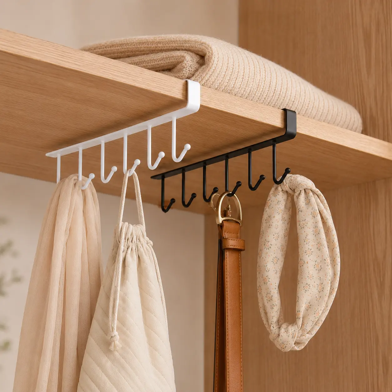 2PCS Under Shelf Hook Rack - No Drill Hanging Organizer with 6 Hooks for Kitchen Cabinet, Pantry, Mugs & Towels,table
