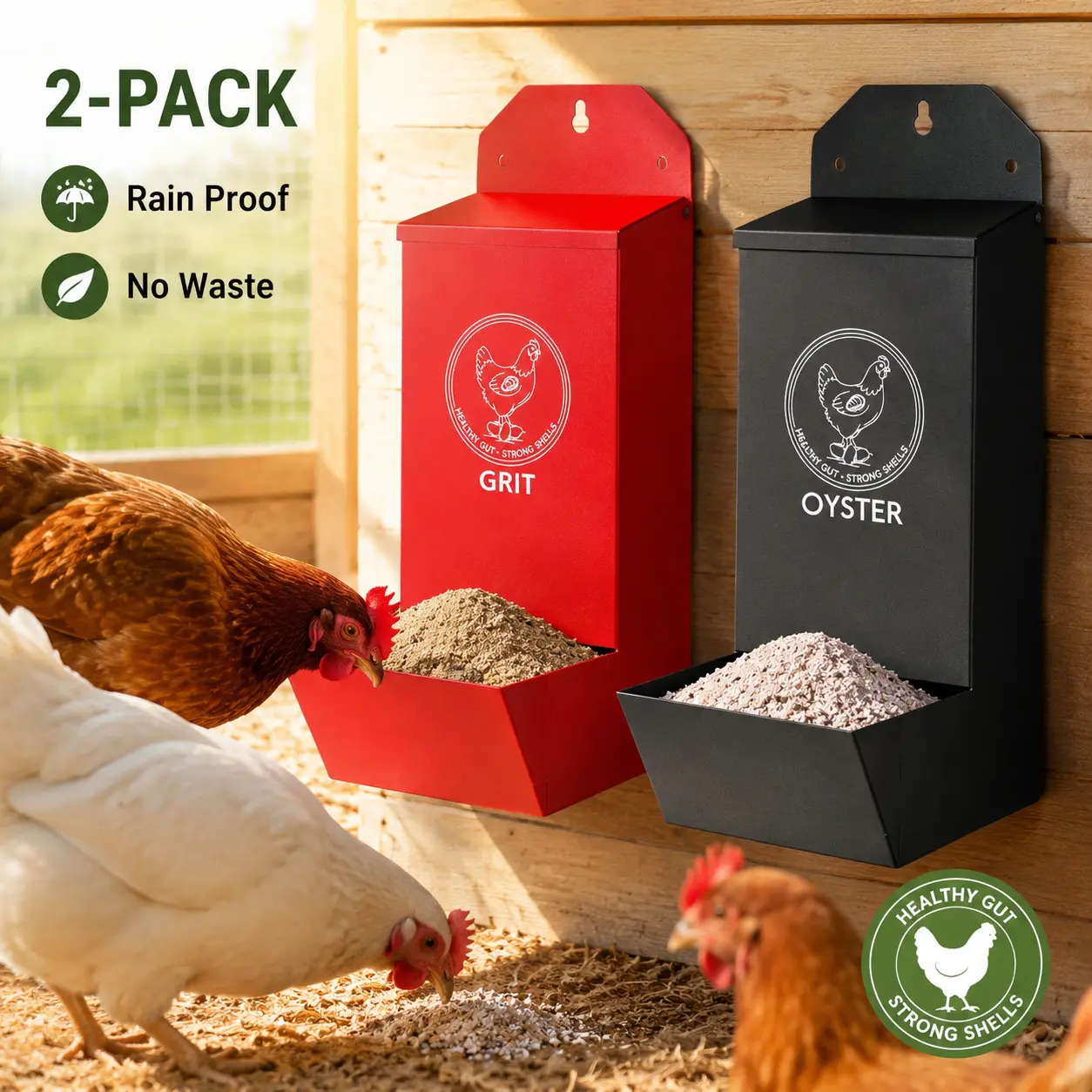 2-Pack Metal Poultry Supplies - Hanging Gravity Feed Chicken Grit & Oyster Shell Feeder with Lid, Rainproof Waste-Free Wall-Mount Coop Accessory for Chickens, Ducks