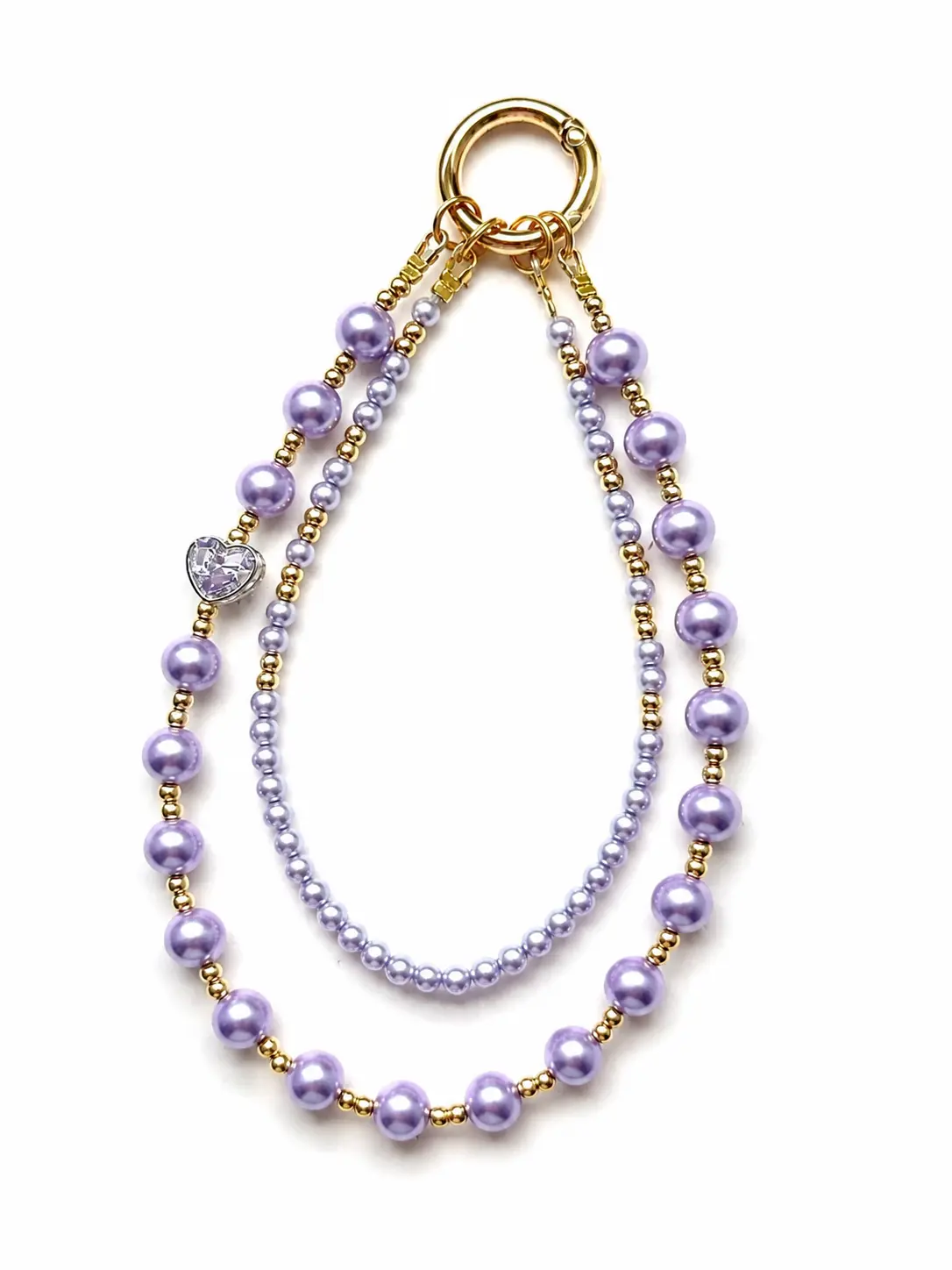 Sweet-Mature Lavender Purple Glossy Pearls Heart Accent Phone Strap & Charm Set, Double Strap, Gold Hardware, Keychain - SJ 704