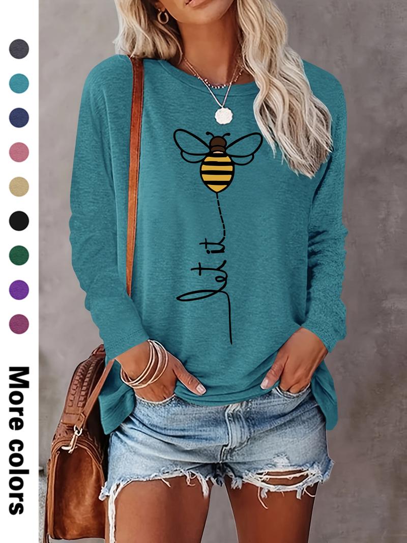 Women's Cartoon Bee Print Round Neck Tee, Casual Chic Long Sleeve Crew Neck T-shirt for Fall & Winter, Women's Top for Daily Wear, Womenswear