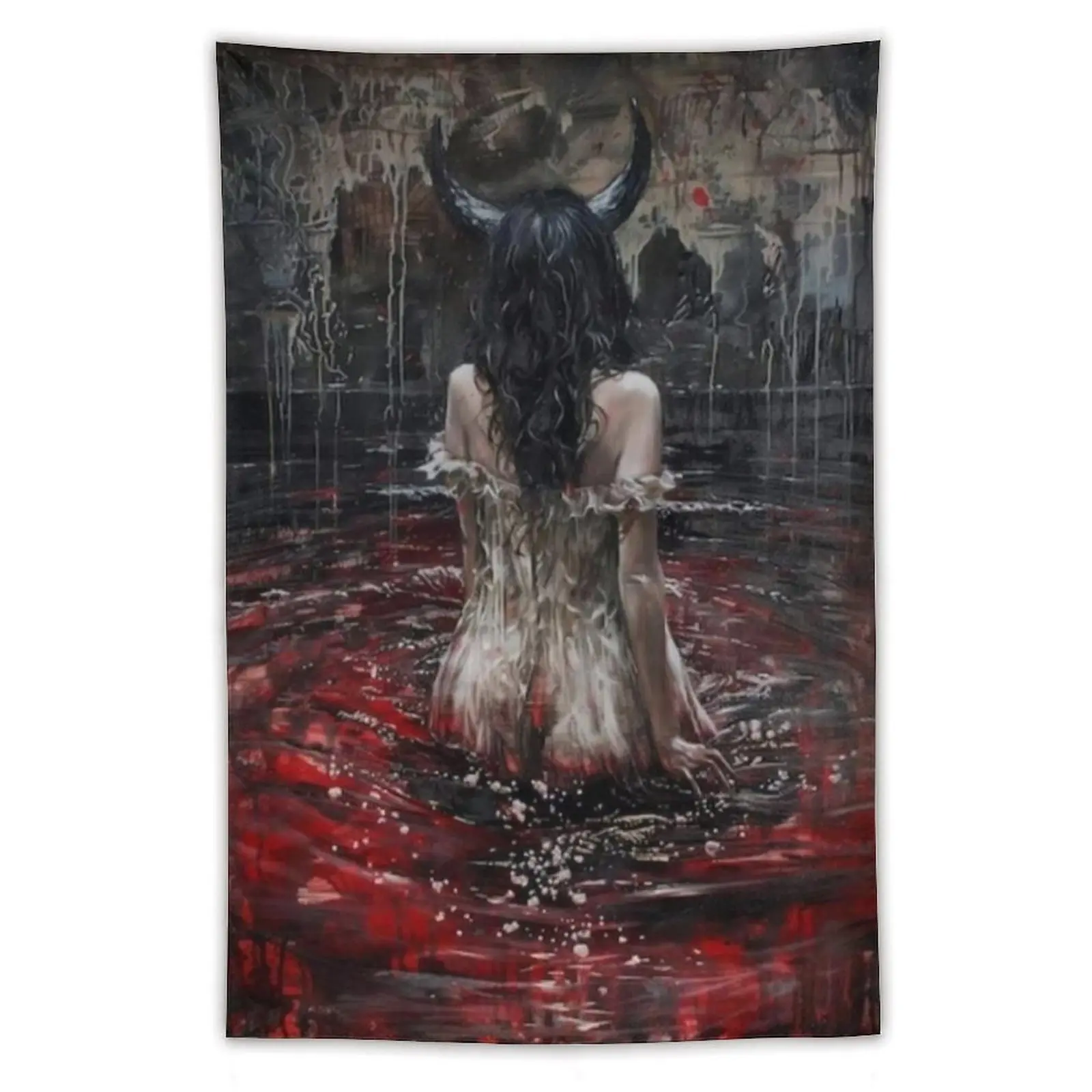 Dark Fantasy Horned Queen Tapestry, Red Waters Oil Painting Wall Hanging, Gothic Moody Aesthetic Room Decor, Halloween Gift, Gift for Goth Friend, 50x60 Inch Wall Tapestry