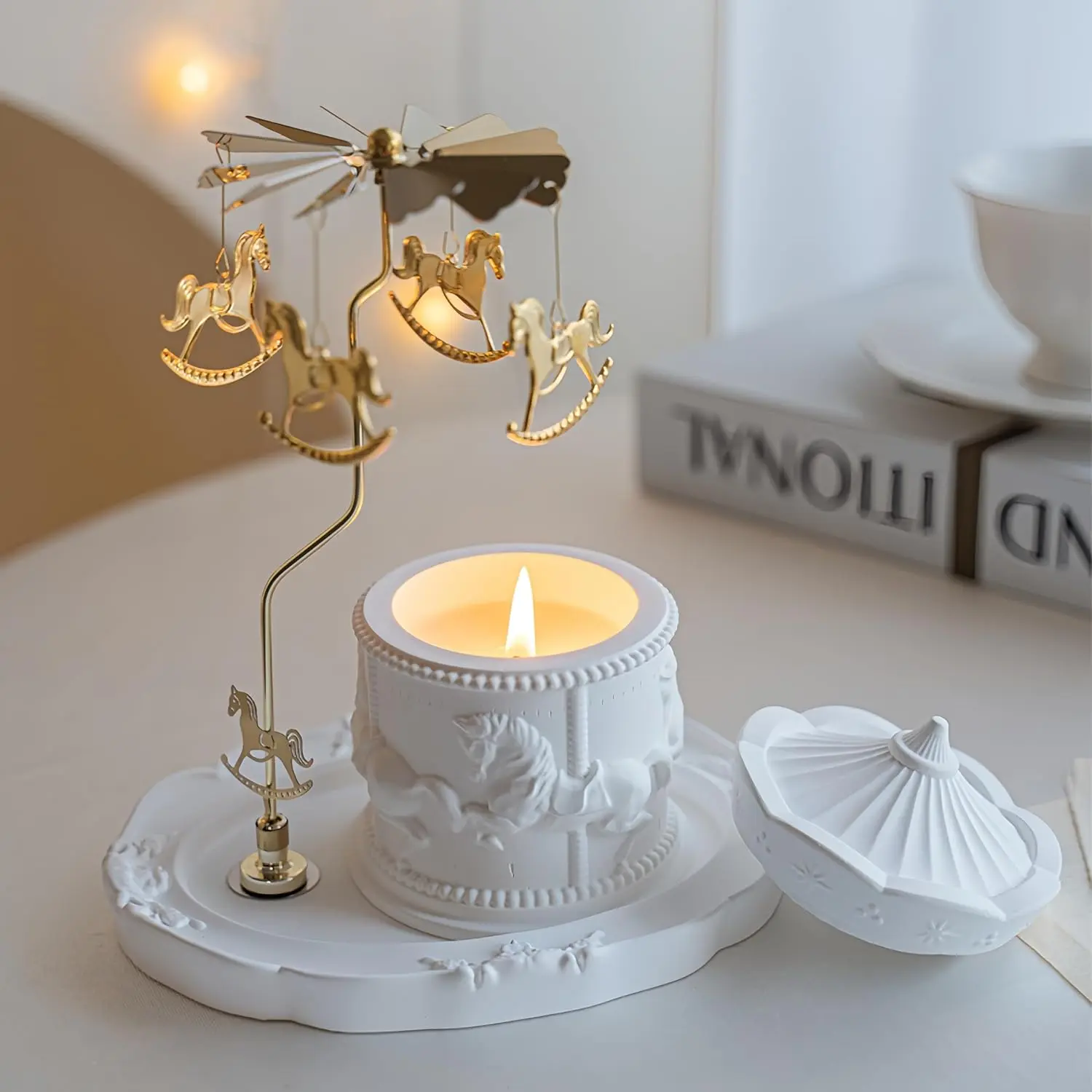 Candle Holder Carousel Metal Spinner Candle Tray for Home Decor,Handmade Scented Candle Holder for Candlestick,Bedroom Wedding Table Decor Housewarming Graduation Birthday Gift for Women Mom