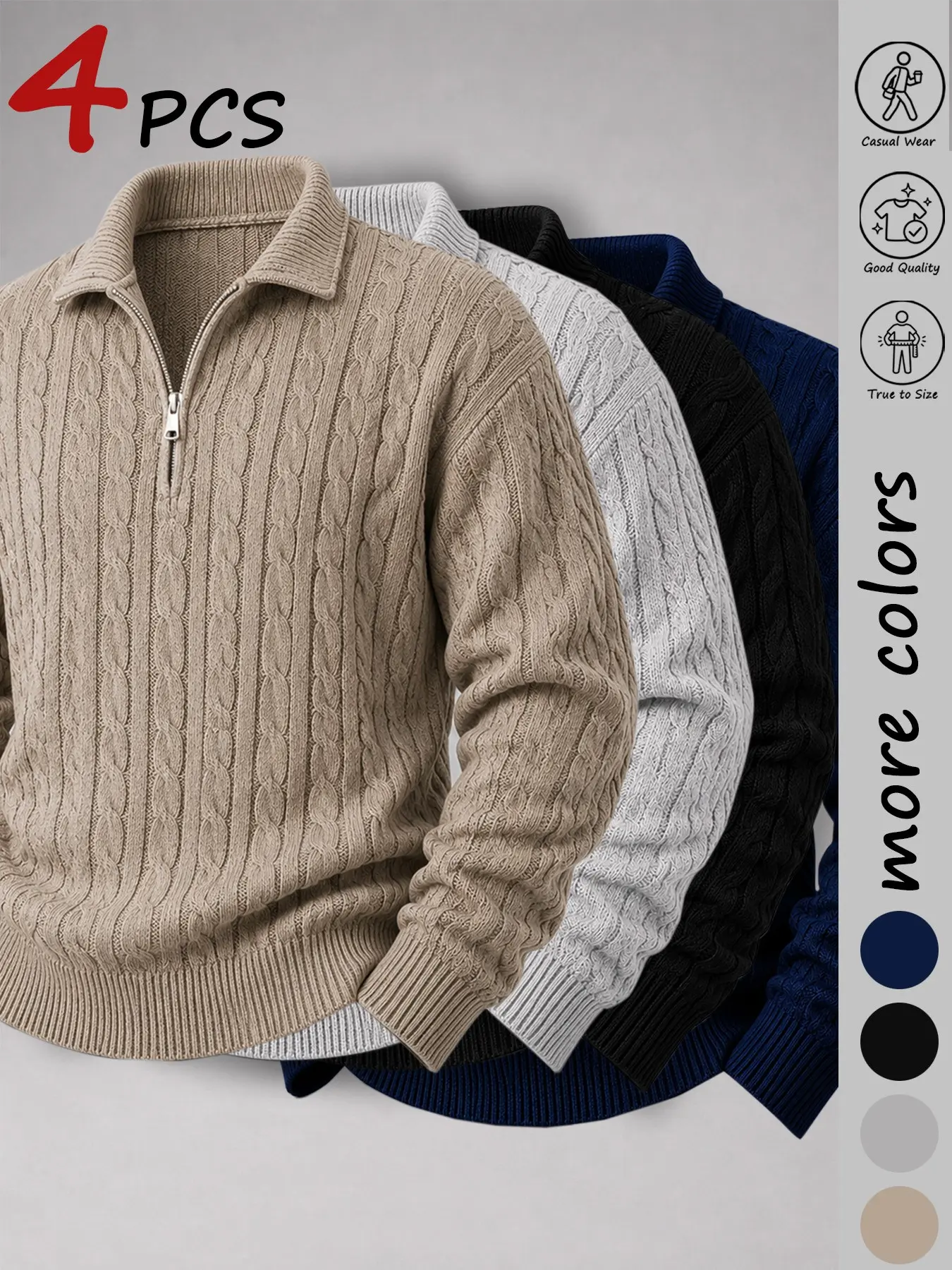Men's Quarter Zip Stand Collar Cable Knit Sweater, Thick Warm Stretch Jumper, Slim-Fitting, Fall&winter Casual Top