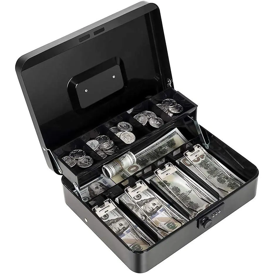 Cash Box with Money Tray and Combination Lock Metal Money Box for Cash Register Tiered Lock Box for Money 11.8" x 9.4" x 3.54" Black