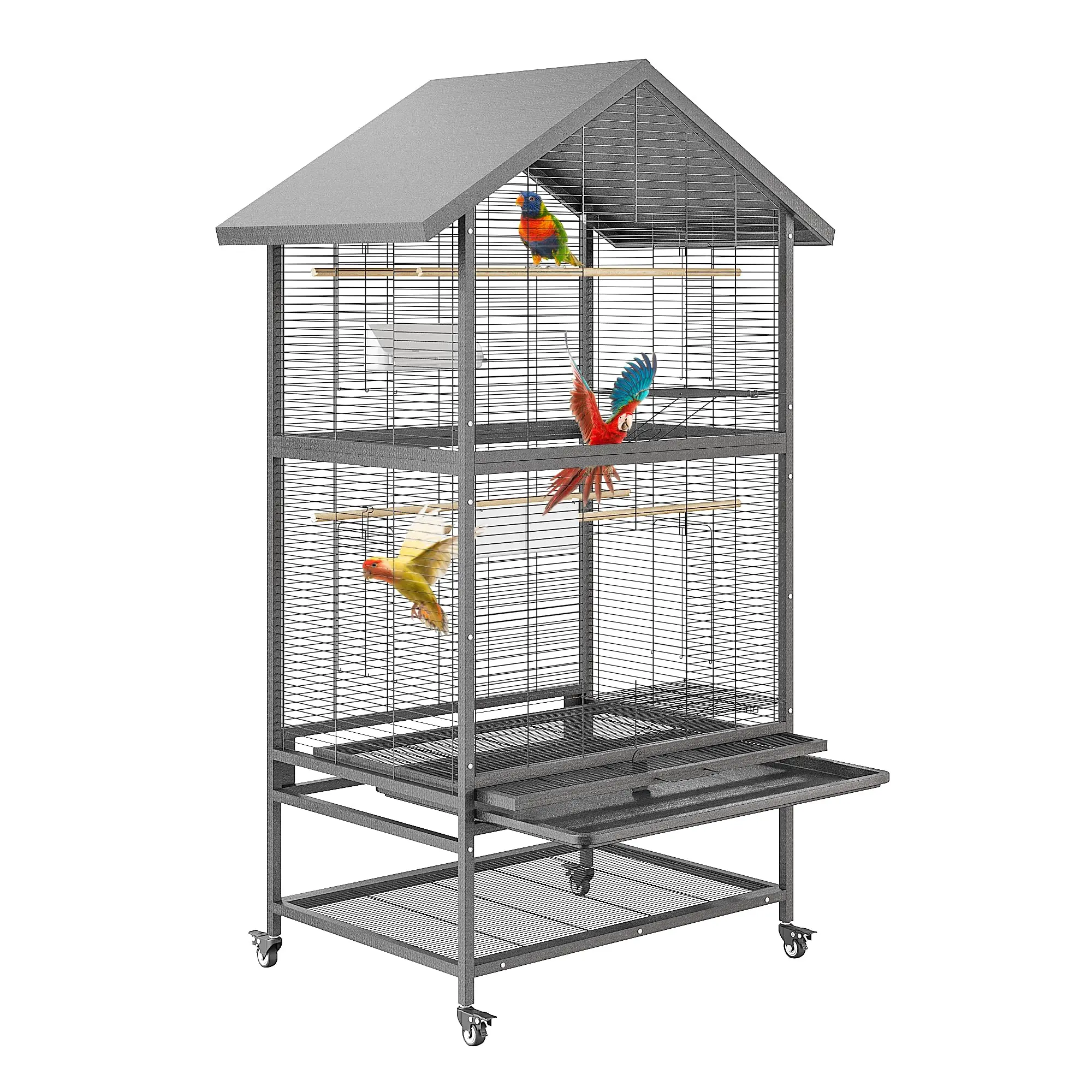 Garvee large bird cage 80x60x167cm, XXL bird aviary parrot cage with 4 lockable wheels & 2 doors & 3 wooden perches & 4 feeding bowls & removable tray, birdhouse aviary easy to clean