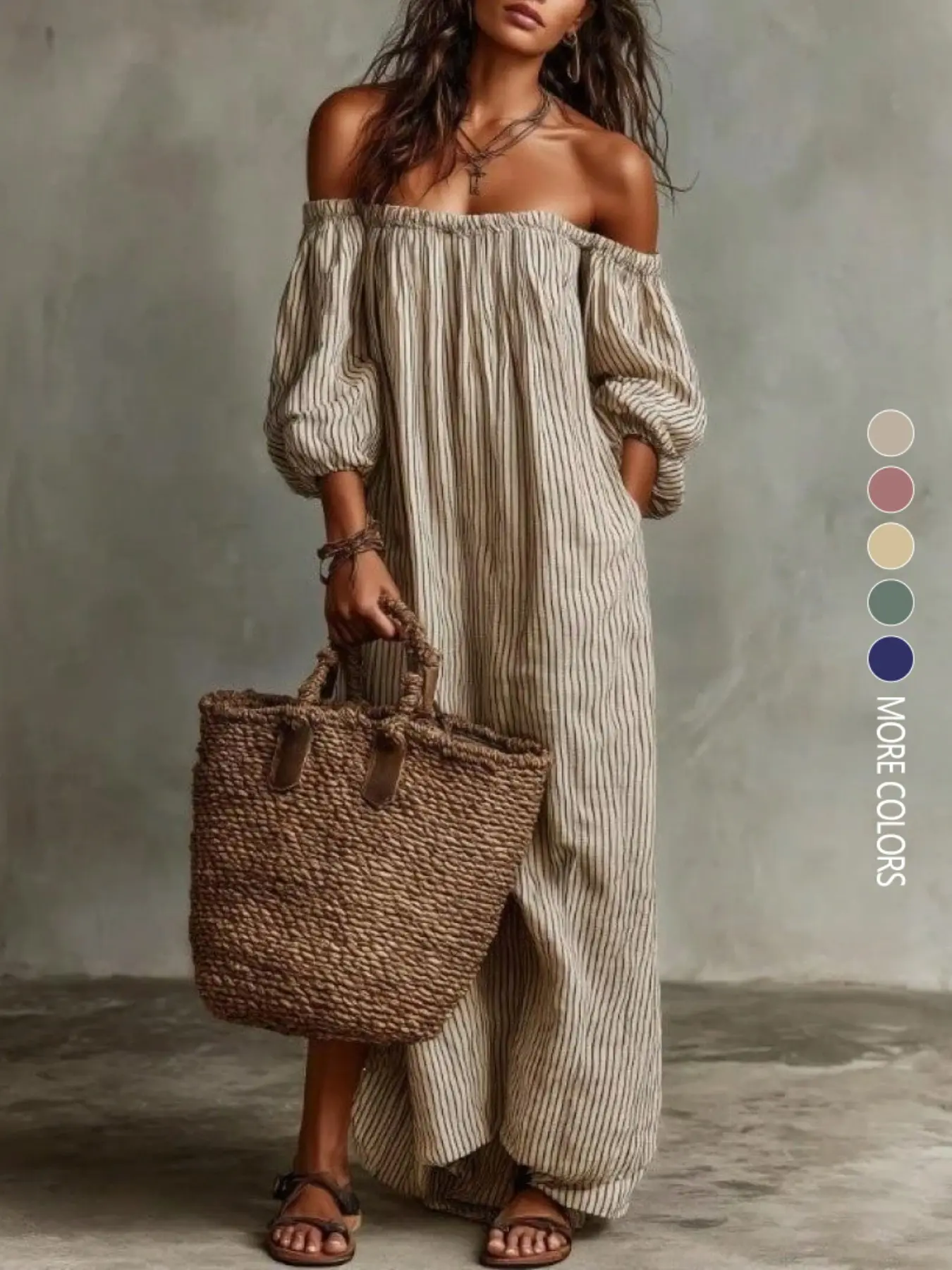 European AndAmerican Summer NewElegant Casual LooseOff-Shoulder StripedDress