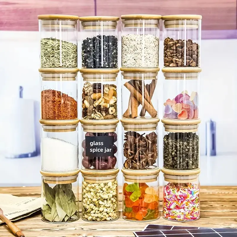 12pcs Mini Glass Storage Containers, 110/240ML Sealed Jars with Lids, Airtight Containers, Kitchen Food Storage, Spice Coffee Candy Tea Jars, Waterproof Labels & Pen Included, Airtight Container Set