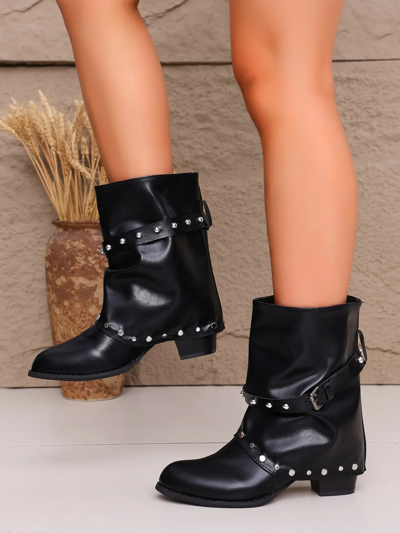 Women's New Rivet Ankle Boots, Pointed Toe Western Boots, Low Heel Motorcycle Boots, Punk Style, Streetwear, Retro, Music Festival