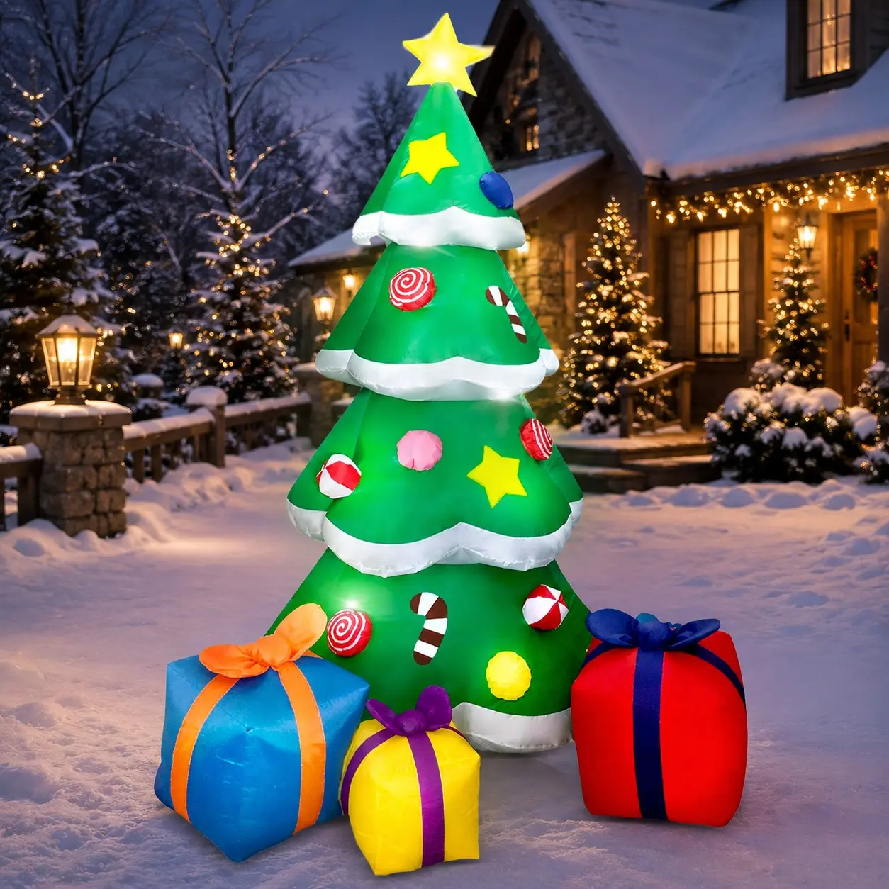 7FT Tall Christmas Inflatables Tree Outdoor Decoration, Giant Christmas Inflatable Tree with 3 Gift Boxes with Build-in LEDs for Blow Up Xmas Decoration, Indoor Outdoor Yard Garden Lawn Décor