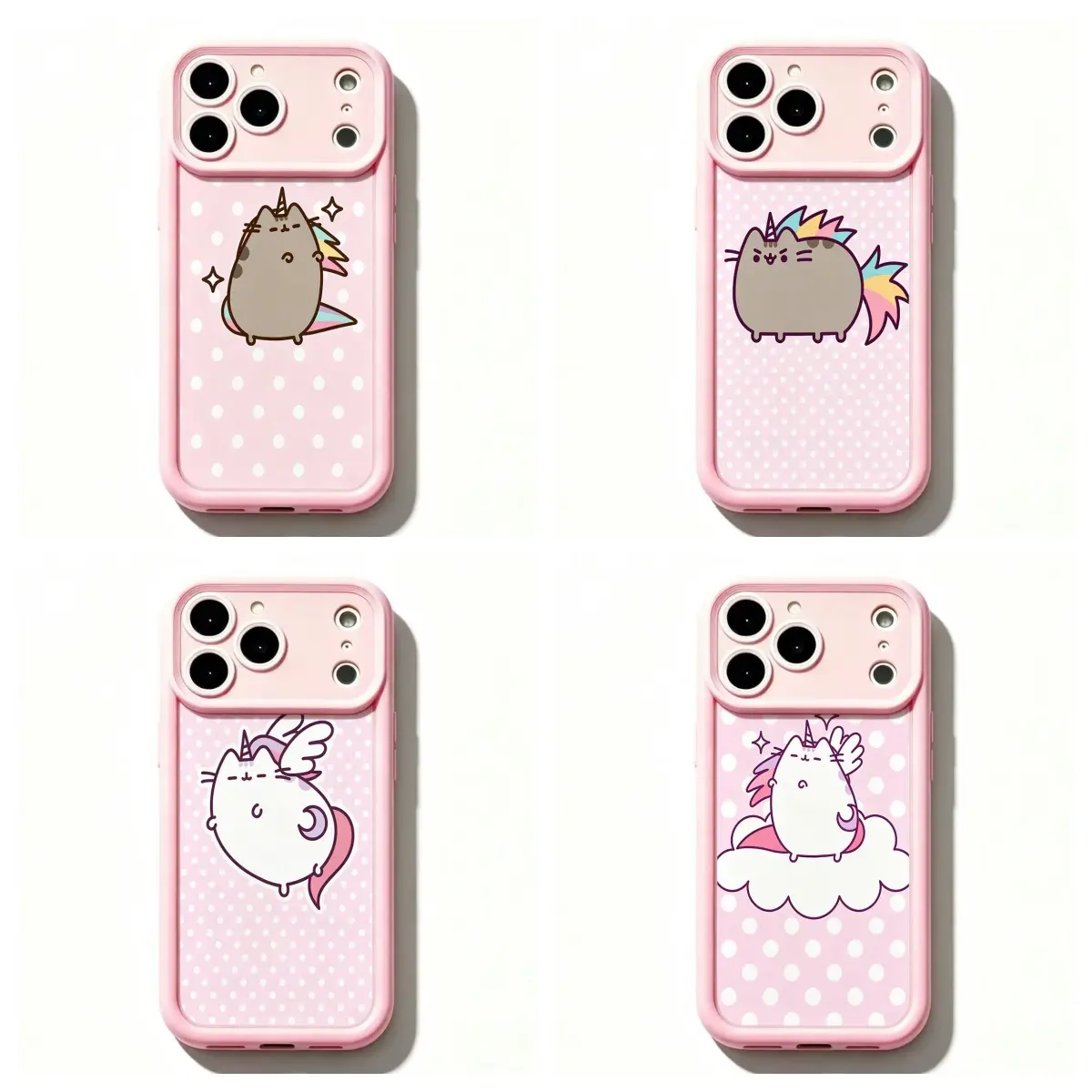 Kawaii Coquette Pastel Pink Dot Unicorn & Cute Cat Soft TPU Smartphone Casing, Shockproof Anti-Drop Protective Cover for Handheld Cellphone Devices 13,14,15,16,17 Pro Max Series