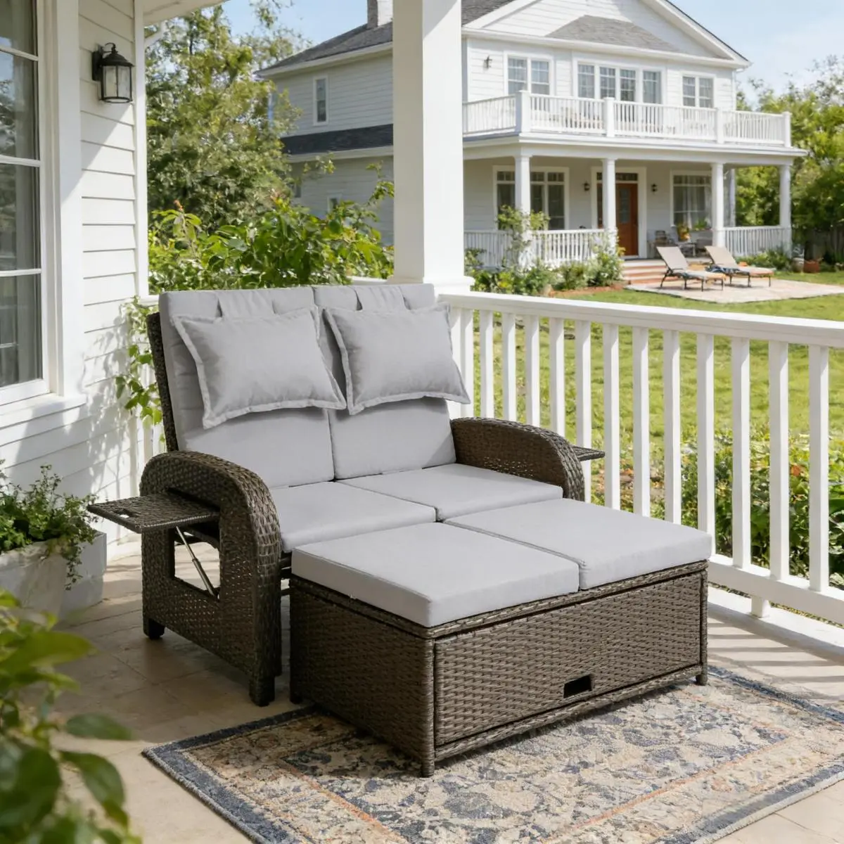 Aobtkel 3-in-1 Foldable Convertible Reclining Outdoor Wicker Loveseat - Casual, Sun Protection, Solid Rattan Daybed with Storage & Cushion