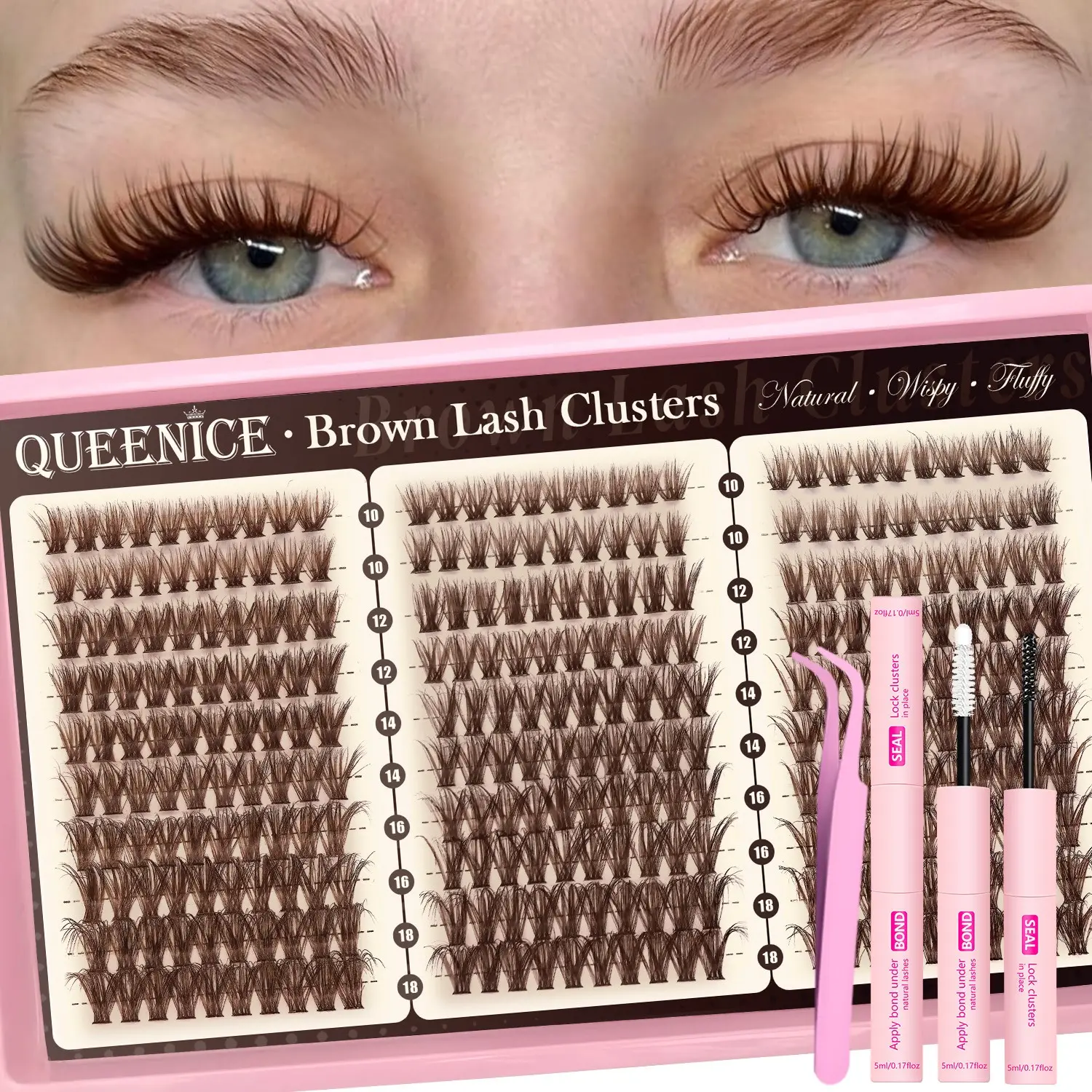 Brown Lash Clusters Kit Natural Wispy Volume Eyelashes Cluster Eyelash Cluster Extensions Kit Individual Lashes Extensions Kit, 5D Natural Fluffy Makeup, Cluster False Eyelashes (Brown Lash Clusters Extra long 10-18mm)